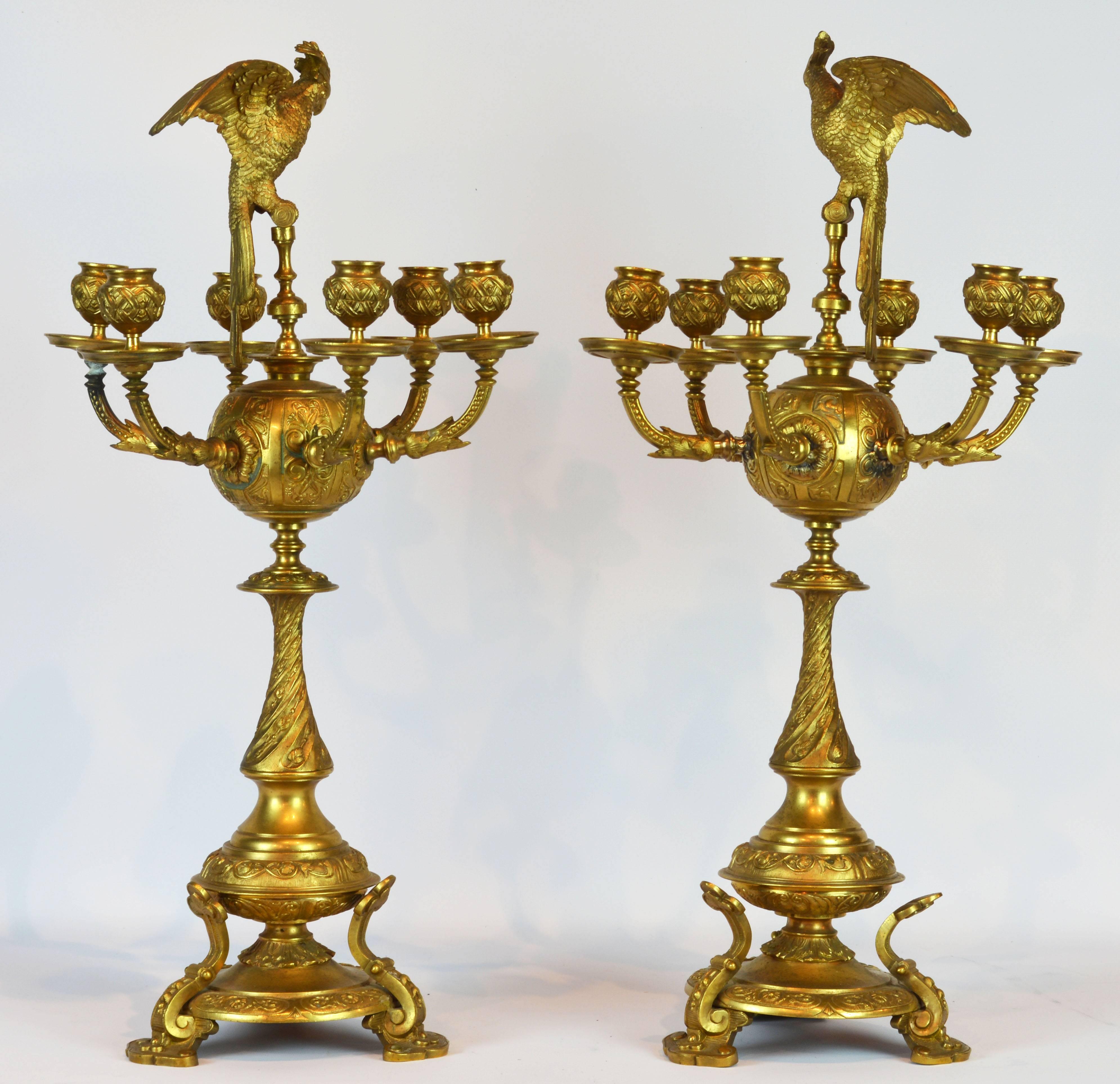 French Pair of Rare Napoleon III Empire Style Gilt Bronze Six Arms Parrot Candelabras