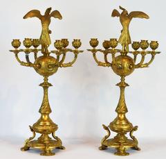 Pair of Rare Napoleon III Empire Style Gilt Bronze Six Arms Parrot Candelabras