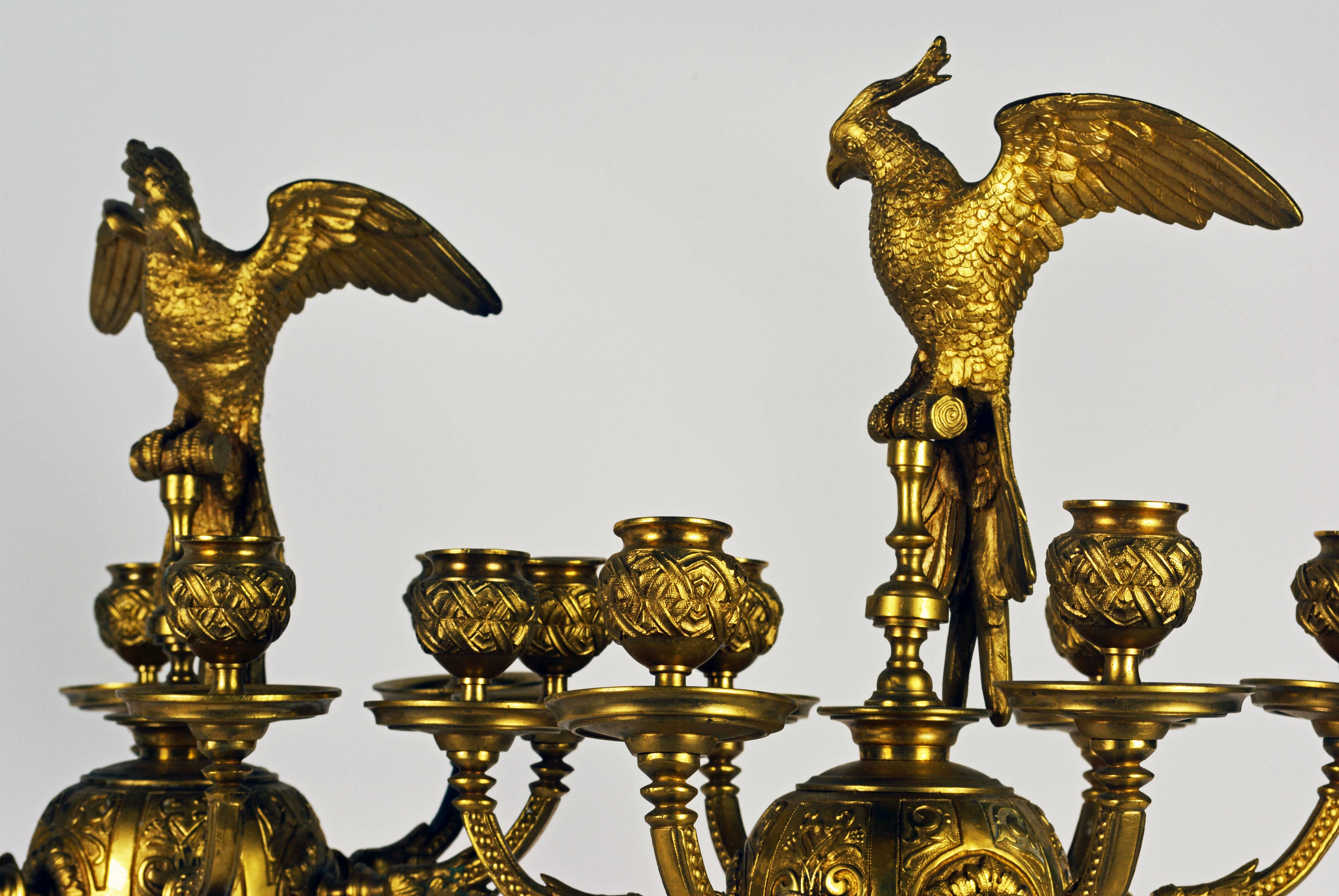 Pair of Rare Napoleon III Empire Style Gilt Bronze Six Arms Parrot Candelabras 5