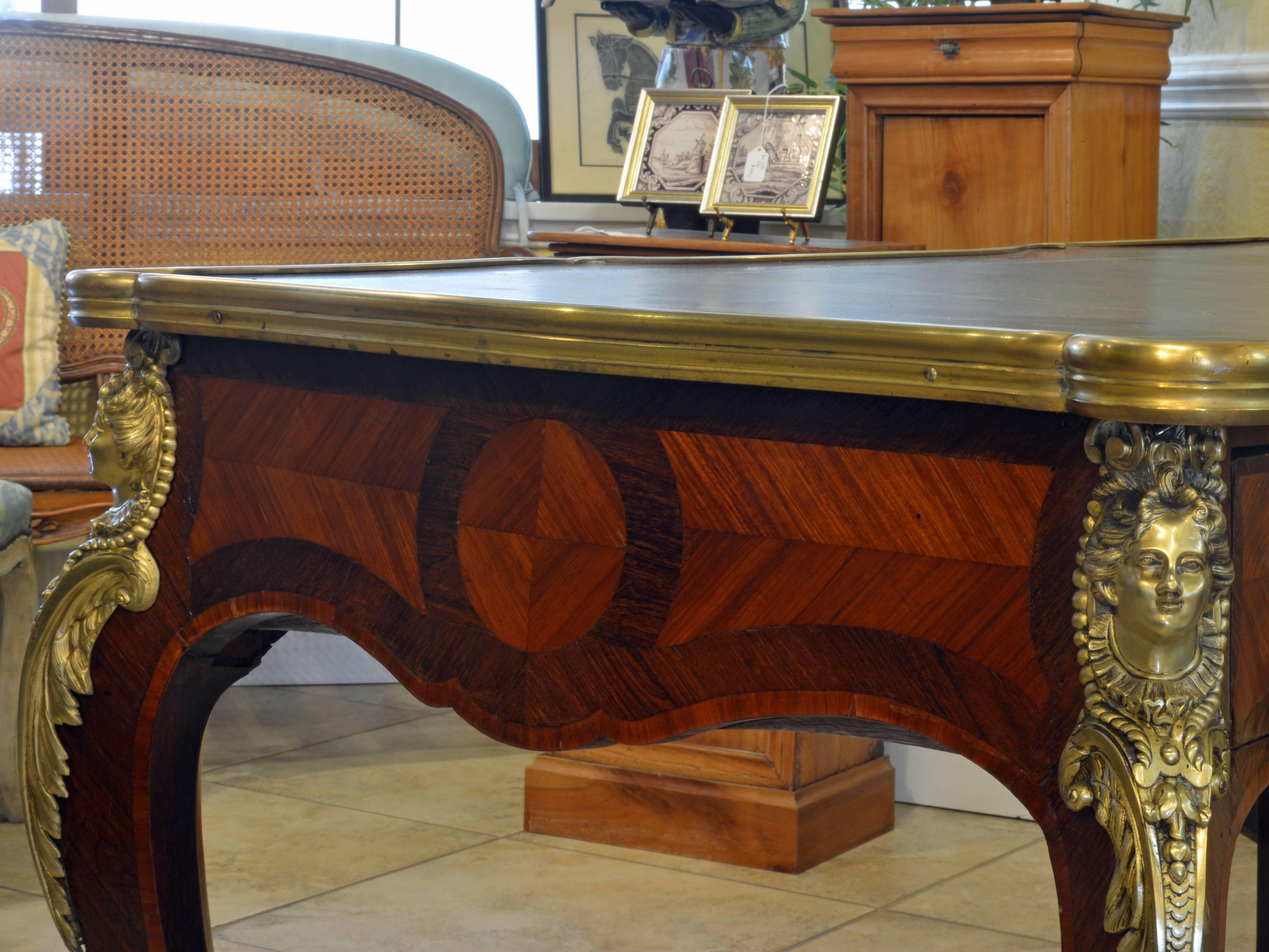 Gilt Napoleon III Louis XV Style Ormolu Mounted Rosewood Parquetry Bureau Plat