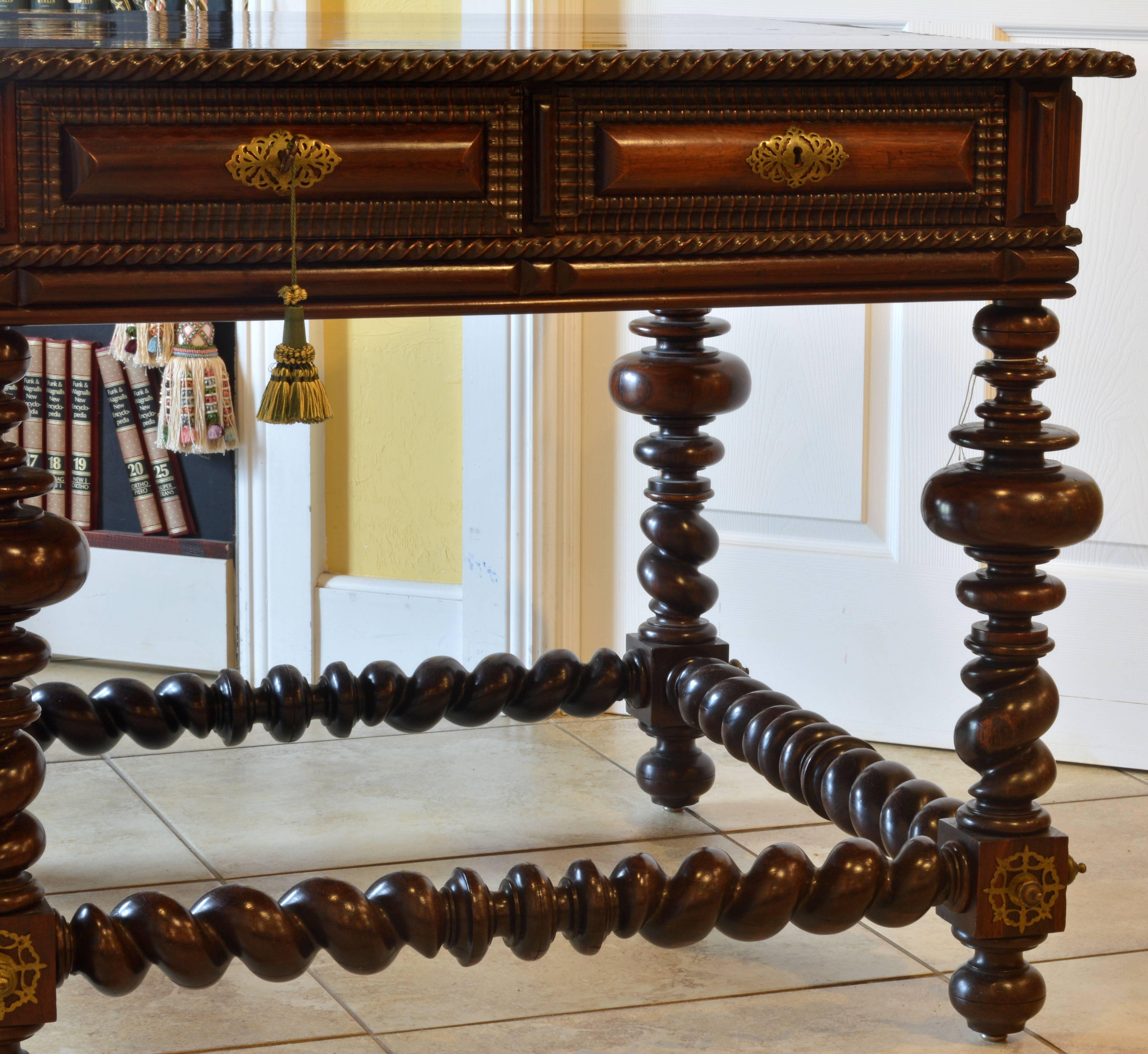 Carved 19th Century Eight-Drawer Portuguese Baroque Style Rosewood Library Hall Table