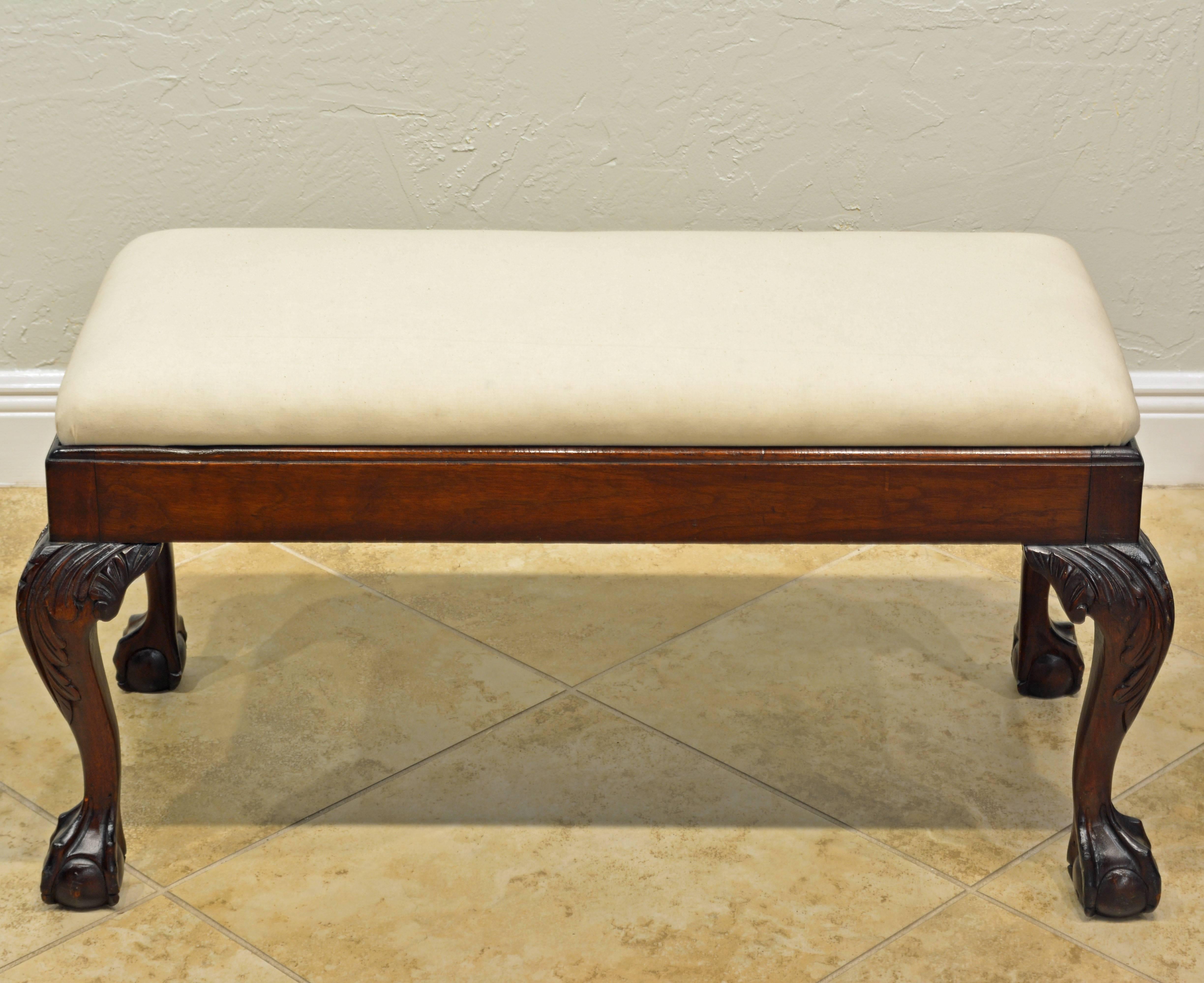 Textile Attractive 19th Century Chippendale Style Mahogany Bench with Claw and Ball Feet
