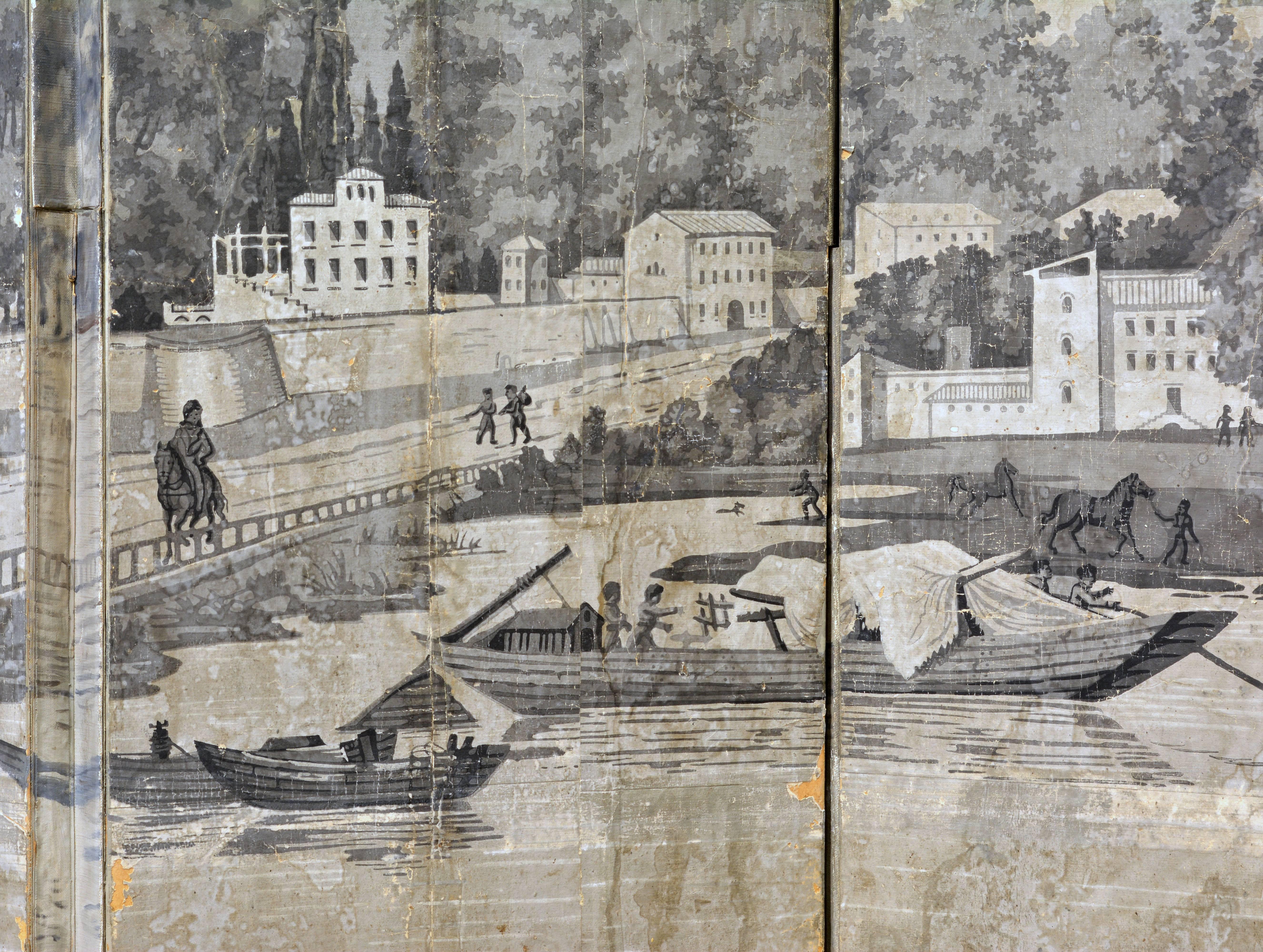 Early 19th Century French Six-Panel Grisaille Wall Paper Screen Manner of Dufour 1