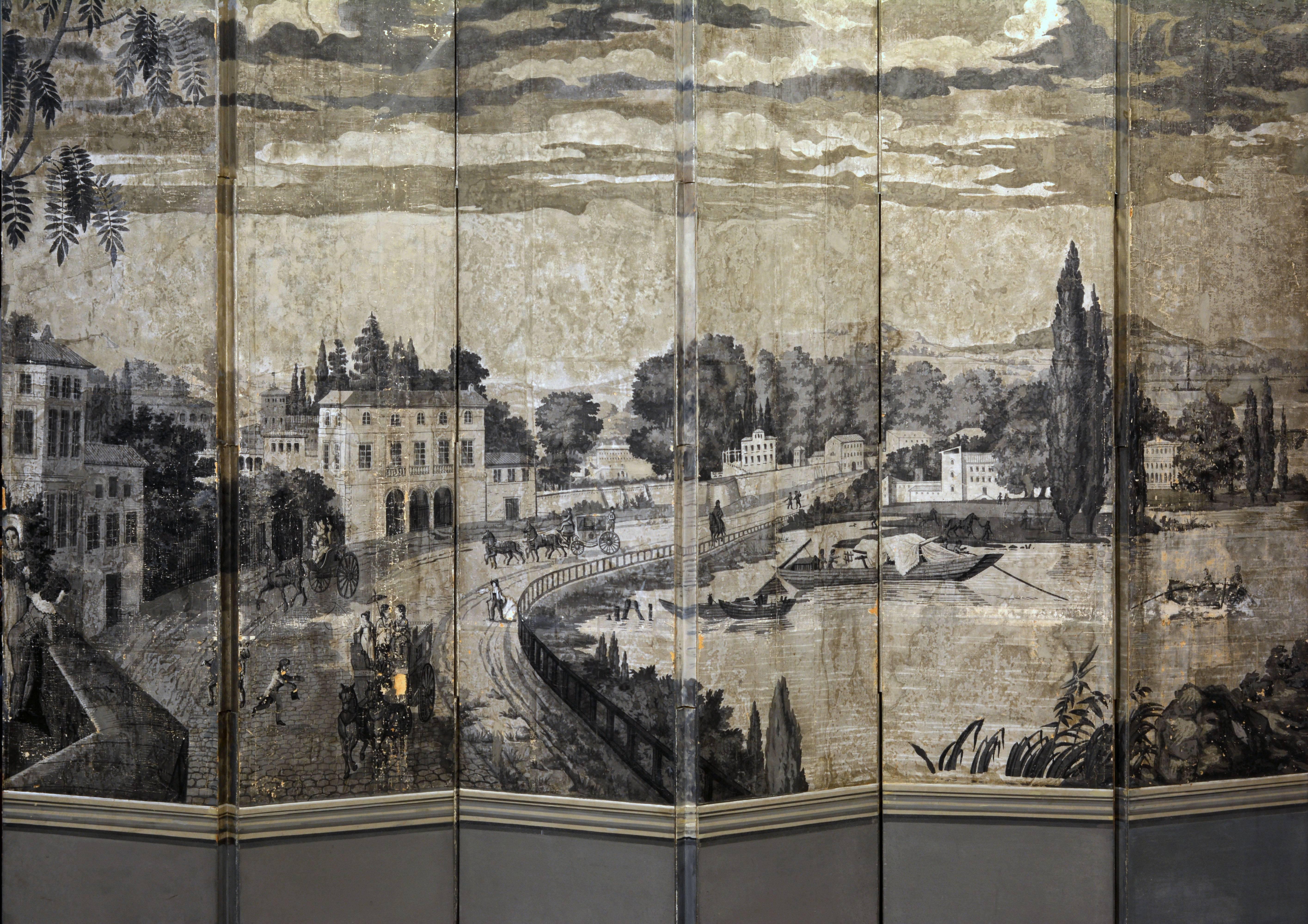 Louis XVI Early 19th Century French Six-Panel Grisaille Wall Paper Screen Manner of Dufour