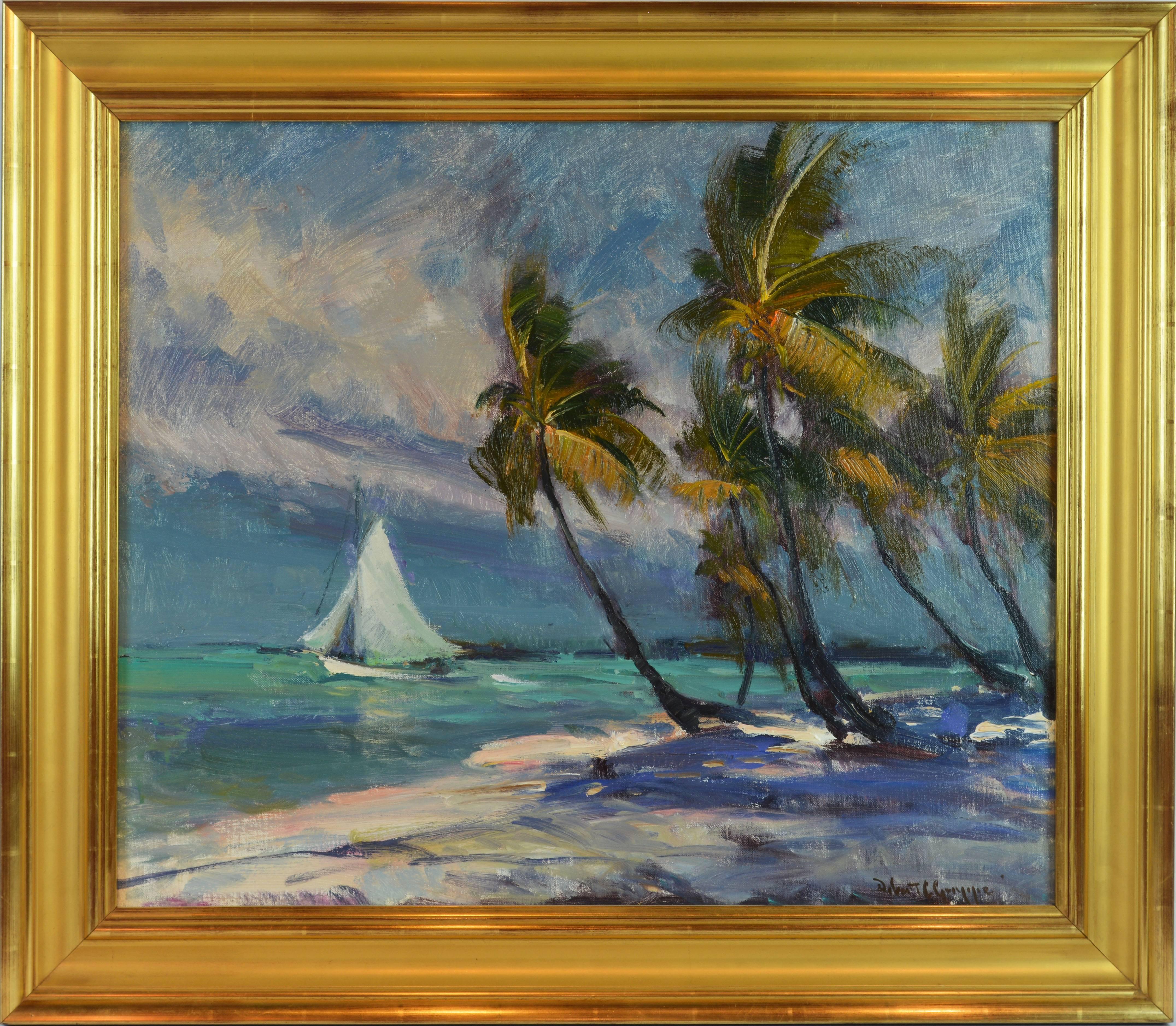 In this vibrant 25 x 30 in. oil on canvas by legendary Robert C, Gruppe, American B. 1944, again discovers the beauty of the Florida coasts capturing with incredibly light and color a Florida that may soon be history. The painting is housed in a
