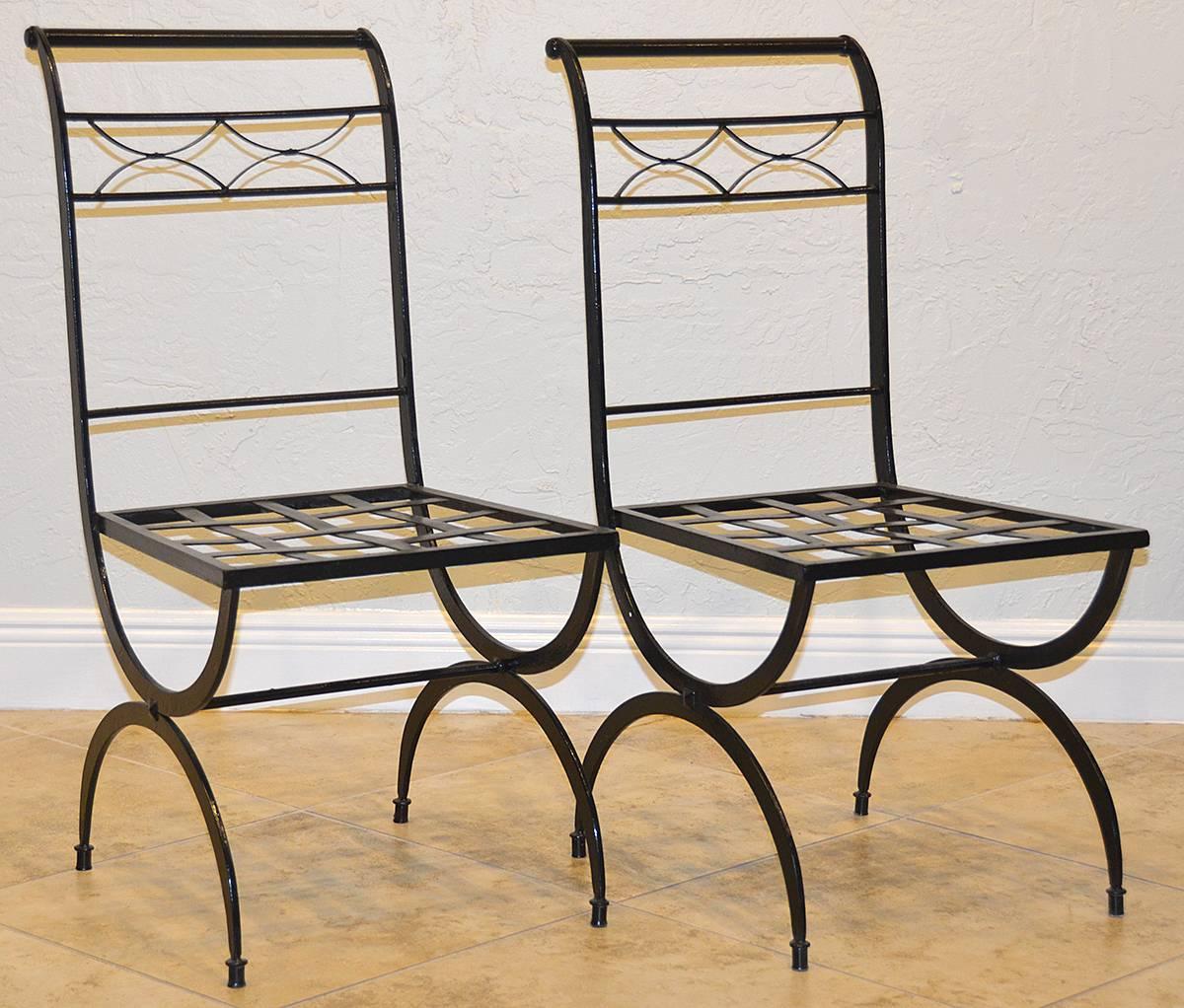 Set of eight French wrought iron chairs, circa 1920s Empire style. Great condition.