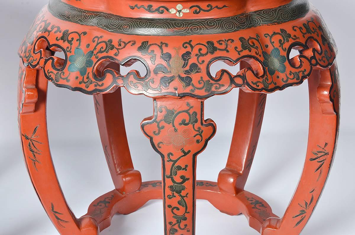 Pair of Early 20th Century Red Lacquered Chinese Decorated Low Tables In Good Condition In Ft. Lauderdale, FL