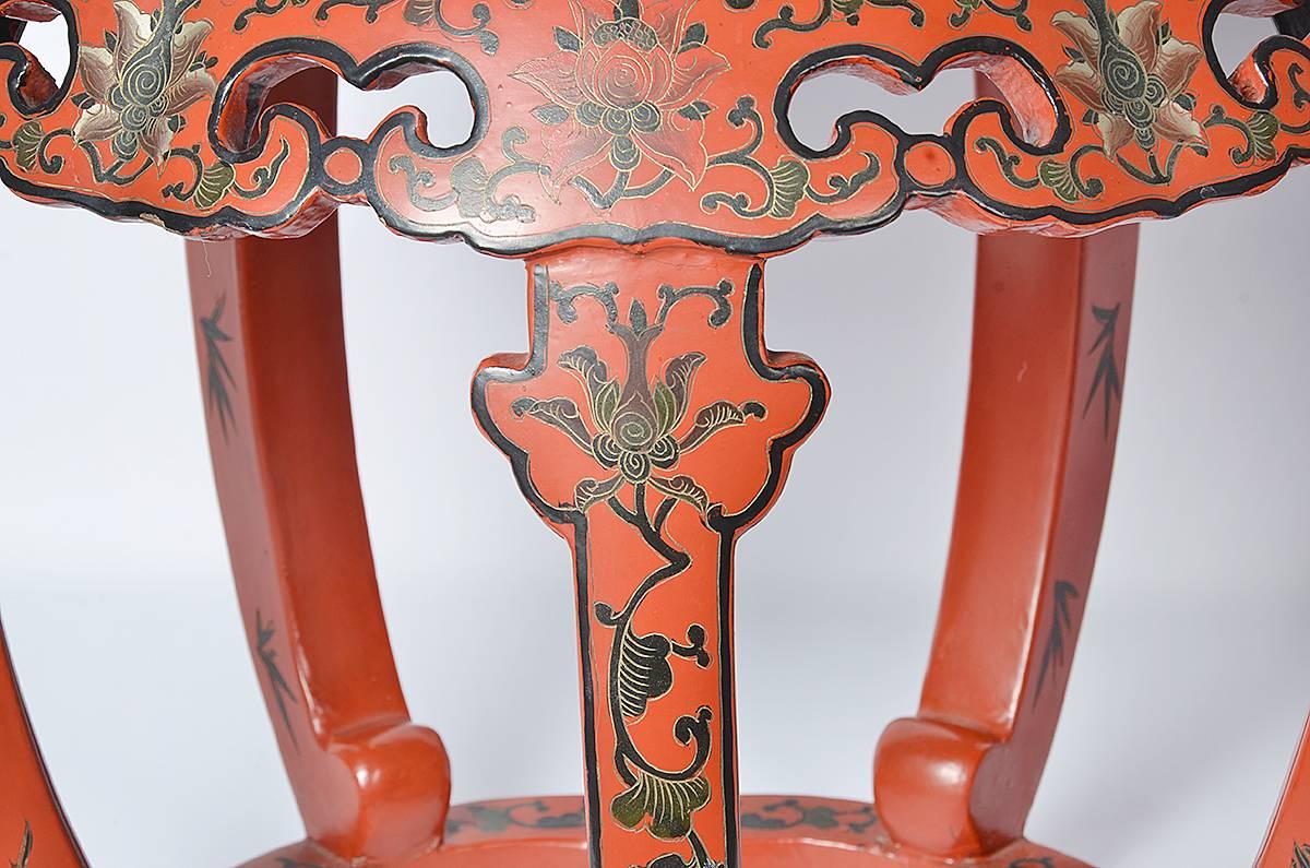 Pair of Early 20th Century Red Lacquered Chinese Decorated Low Tables 2