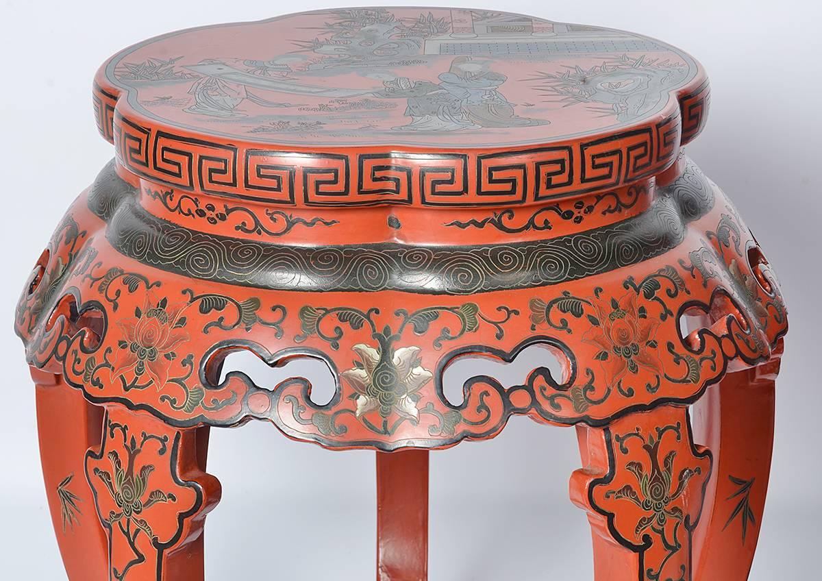 Pair of Early 20th Century Red Lacquered Chinese Decorated Low Tables 3
