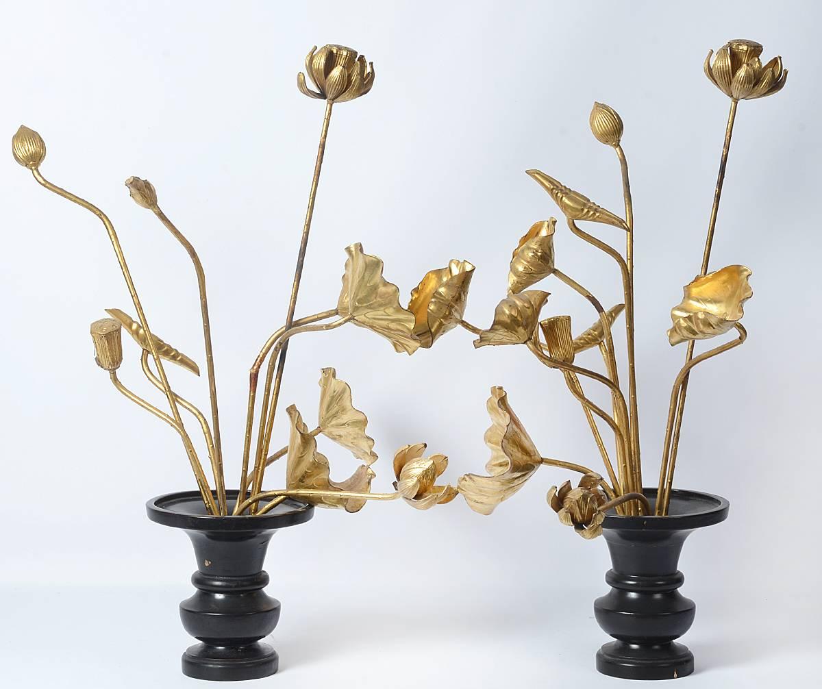 Pair of Japanese carved and gilt flowers in vases. Each flower individual. One with repair. Very unusual and very good condition, early 20th century.