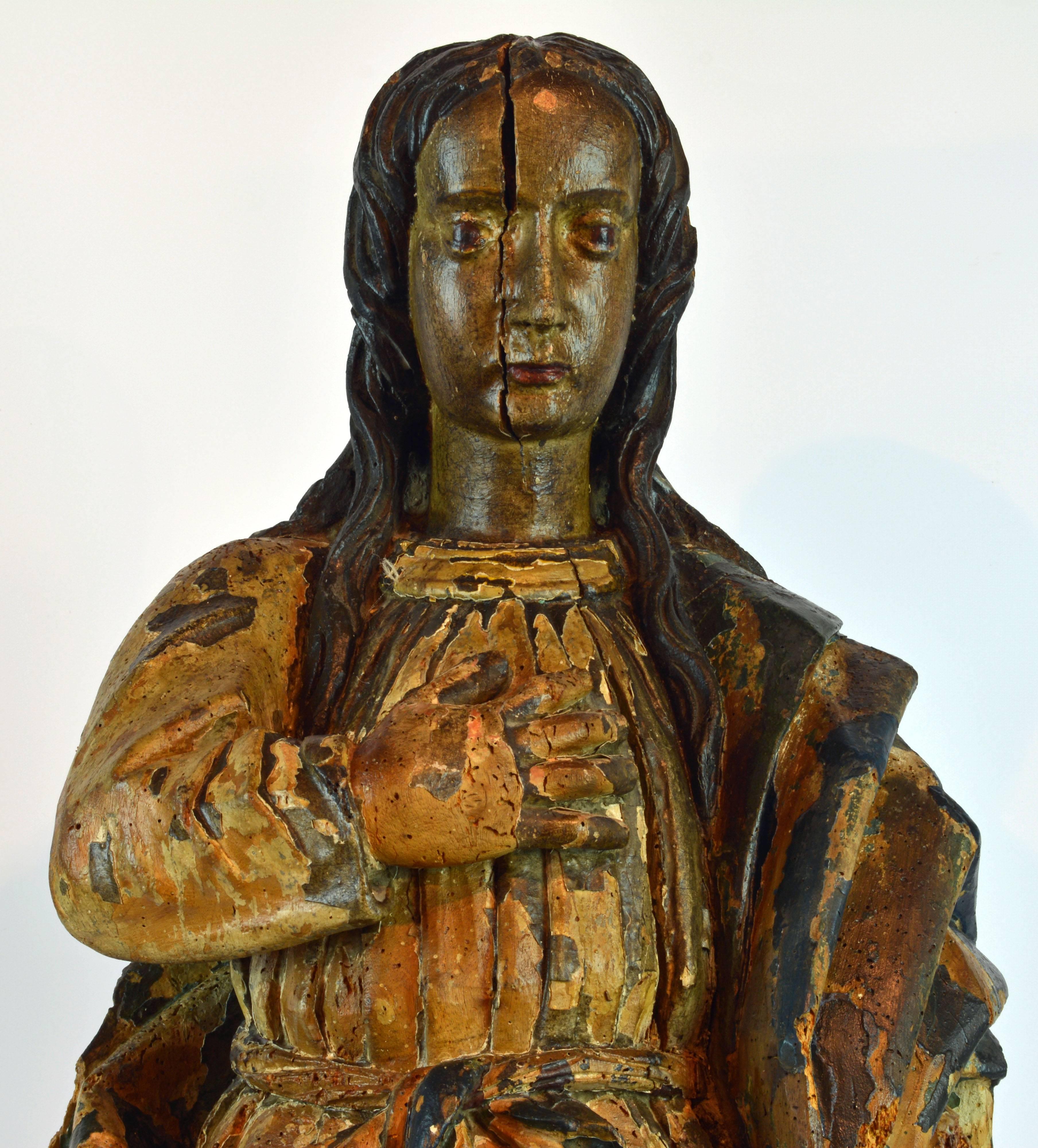 South American 16th-17th Century Spanish Colonial Carved and Painted Statue of Mary Magdalene