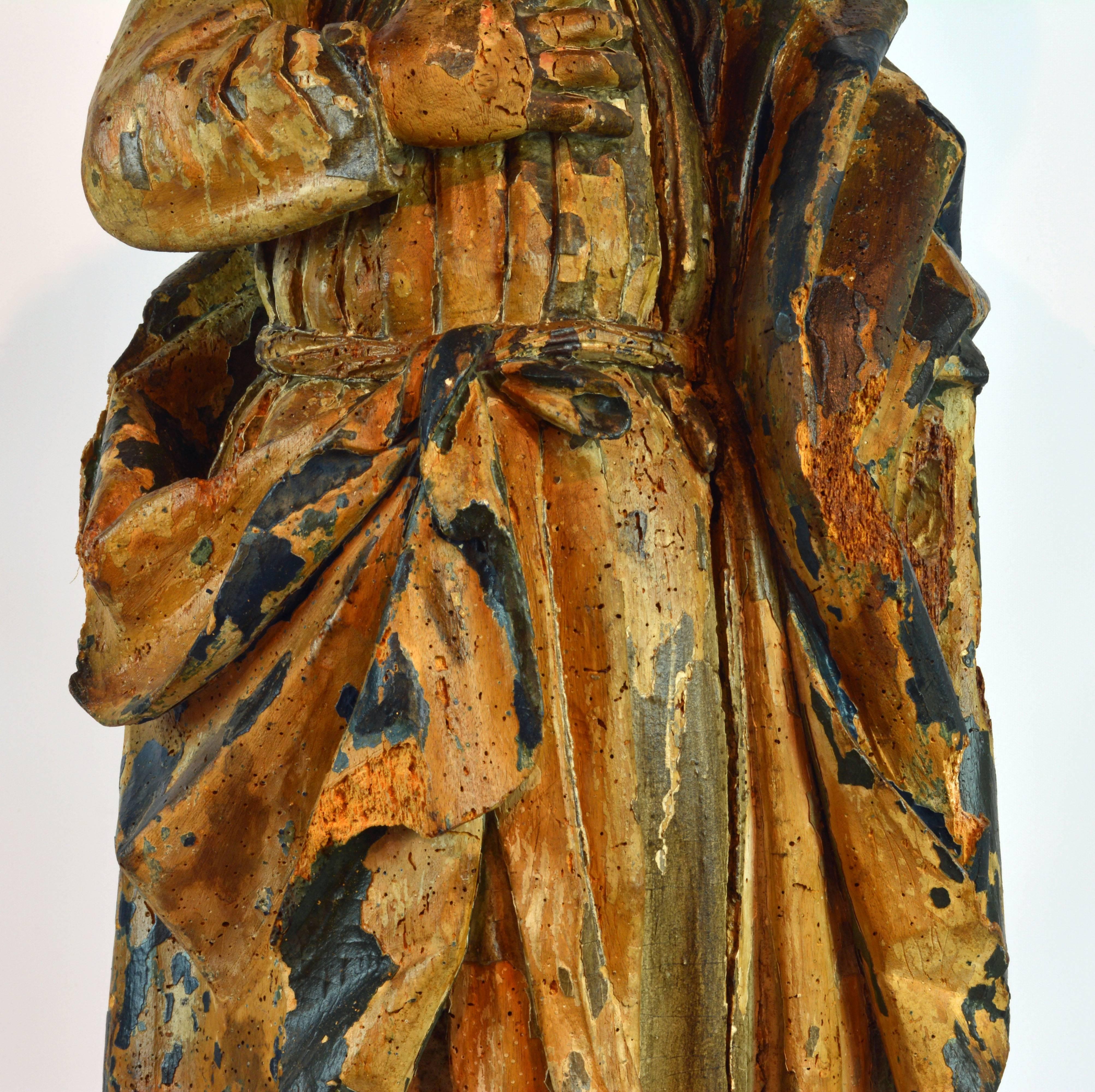 16th-17th Century Spanish Colonial Carved and Painted Statue of Mary Magdalene In Fair Condition In Ft. Lauderdale, FL