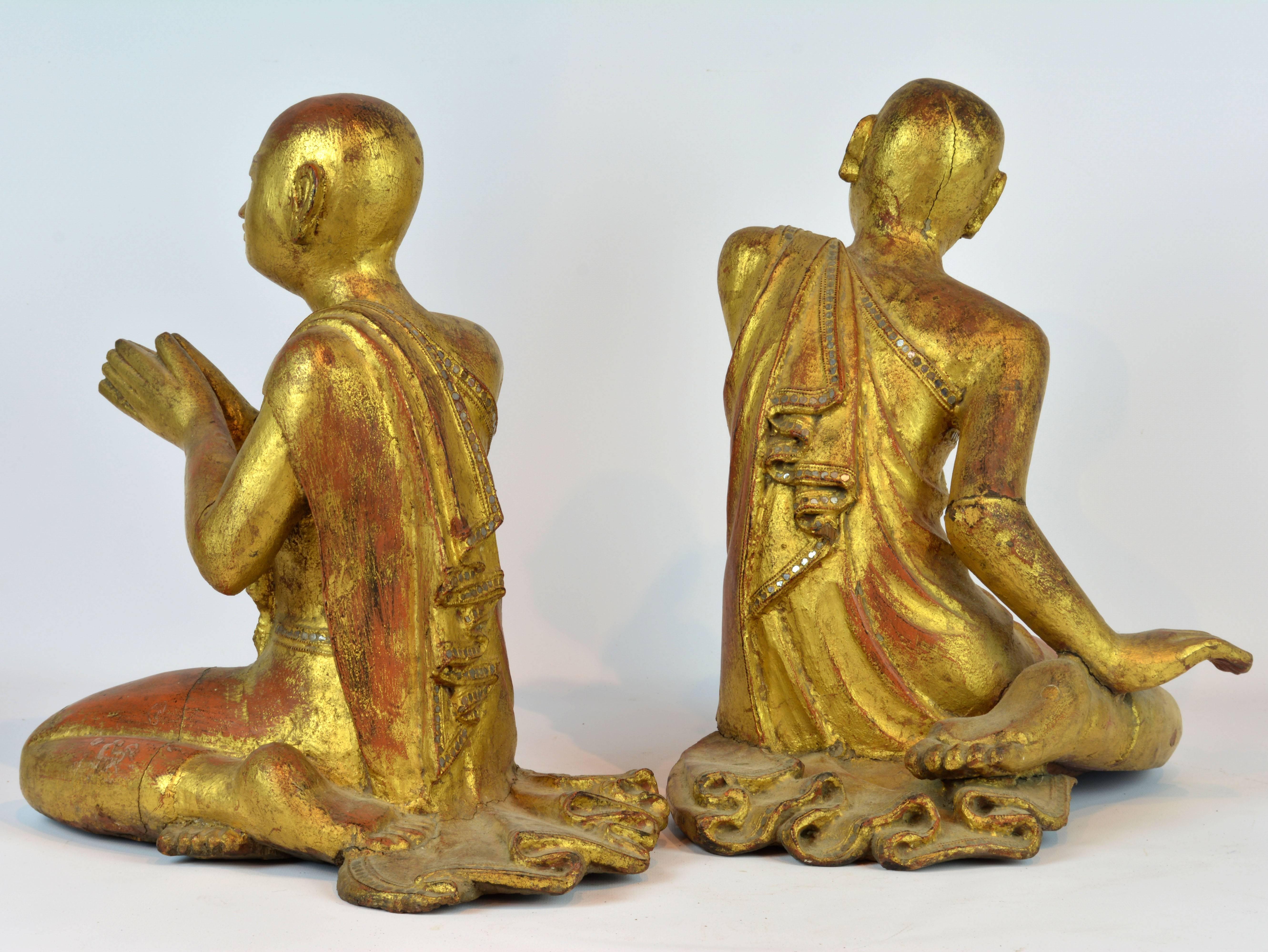 Chinoiserie Two Late 19th Century Thai or Burmese Carved Giltwood Figures of Buddhist Monks