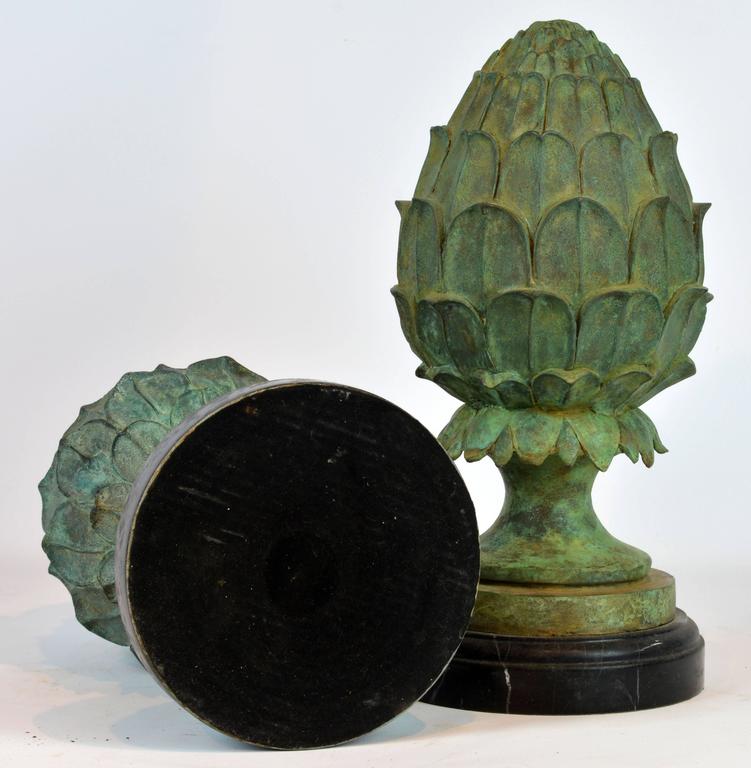 Pair of Verdigris Patinated Bronze Alloy Artichoke Finial Statues at