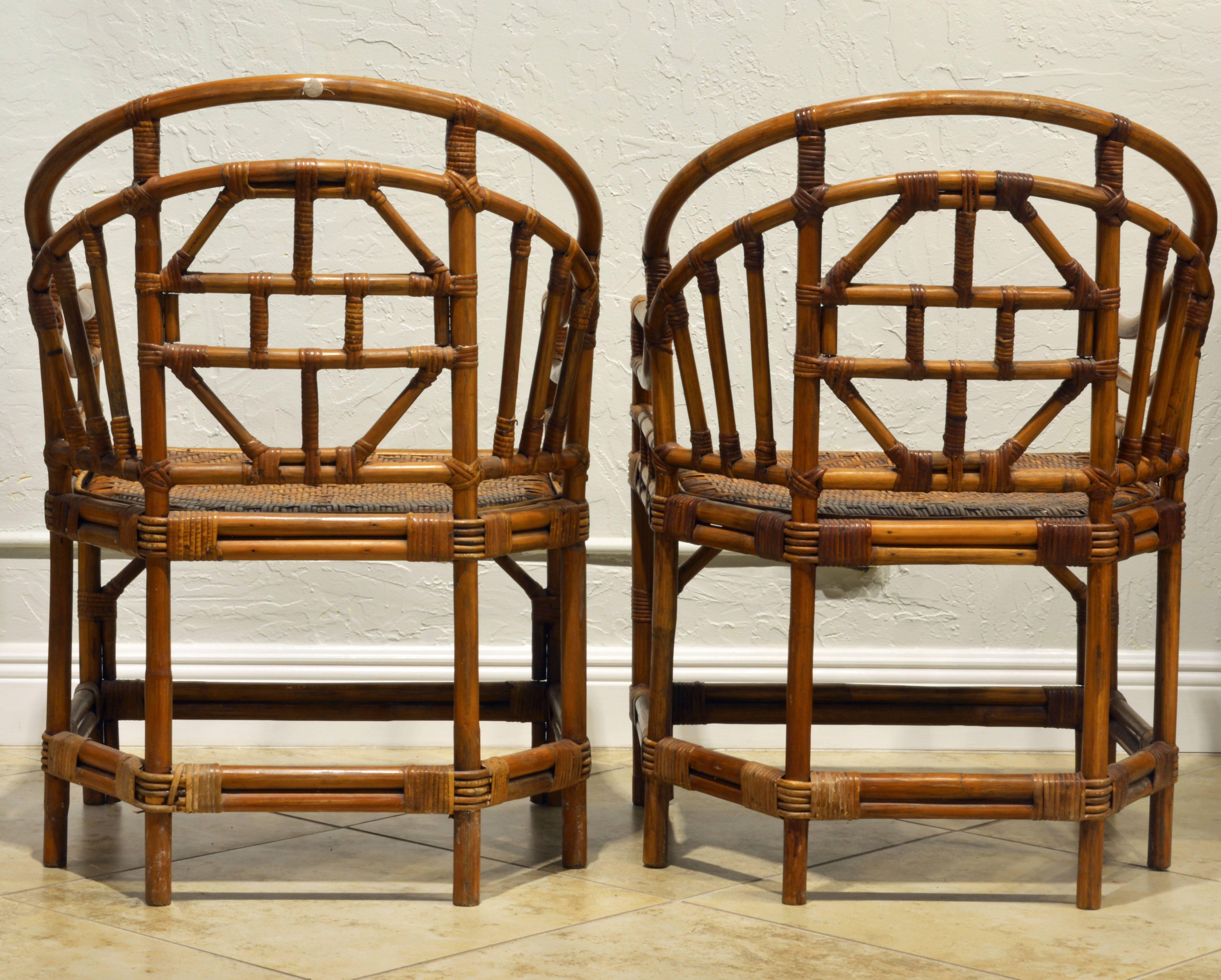 Chinese Pair of Brighton Chippendale Style Chinoiserie Horse Shoe Back Bamboo Chairs