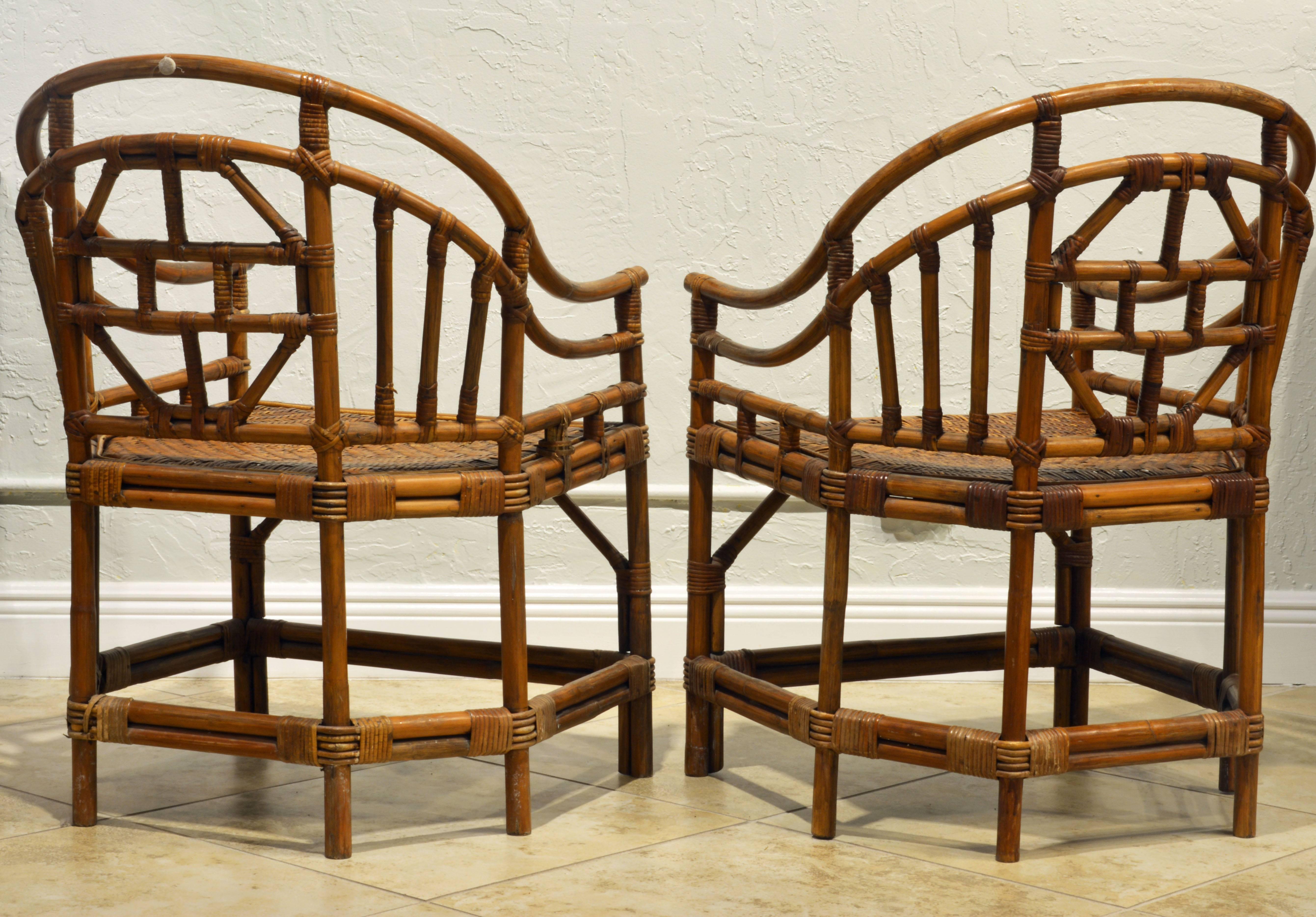 Pair of Brighton Chippendale Style Chinoiserie Horse Shoe Back Bamboo Chairs In Good Condition In Ft. Lauderdale, FL