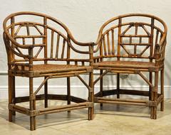 Pair of Brighton Chippendale Style Chinoiserie Horse Shoe Back Bamboo Chairs