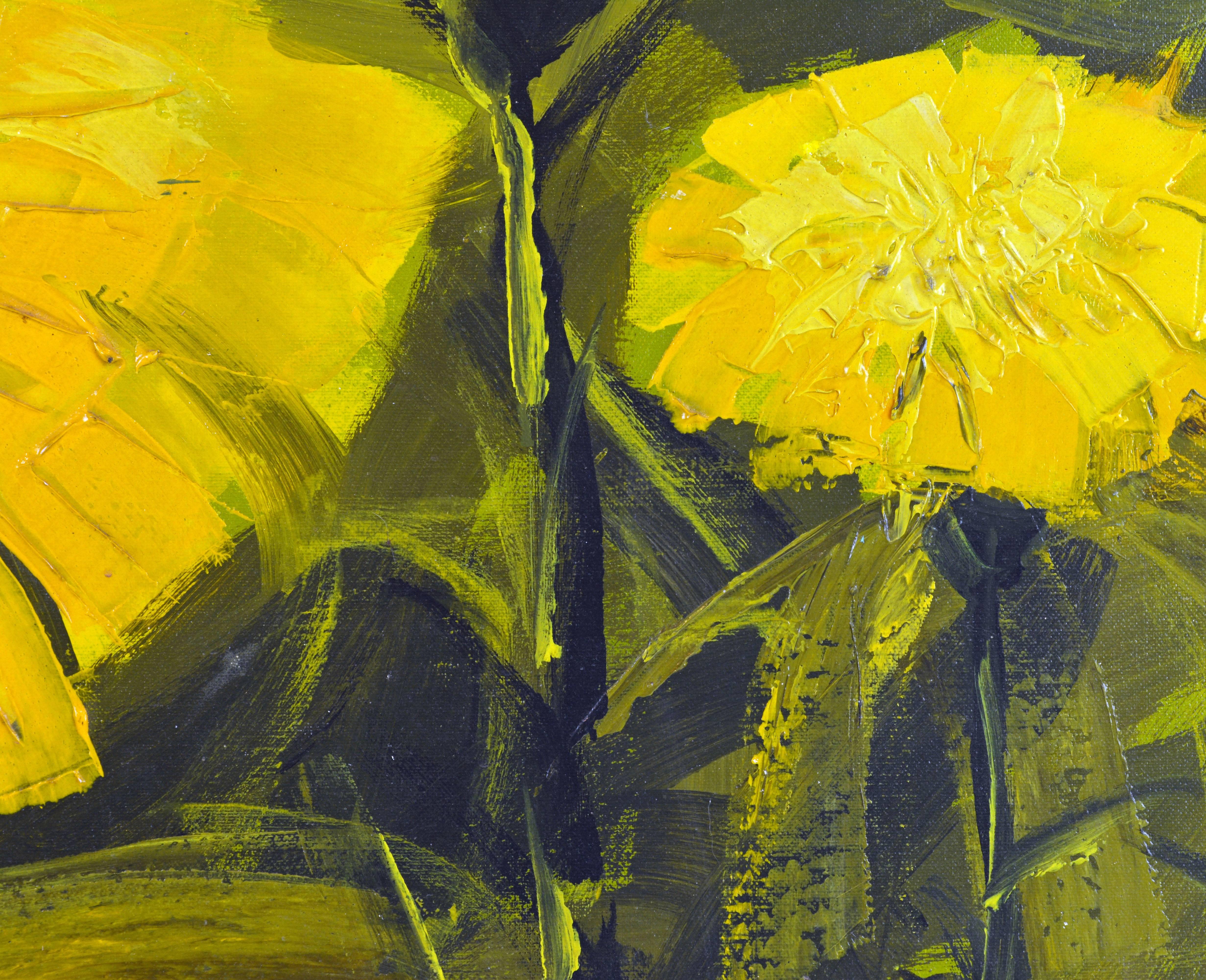 Brushed Mid-Century Modern Oil Painting of Yellow Flowers by McCaine Palm Springs Artist