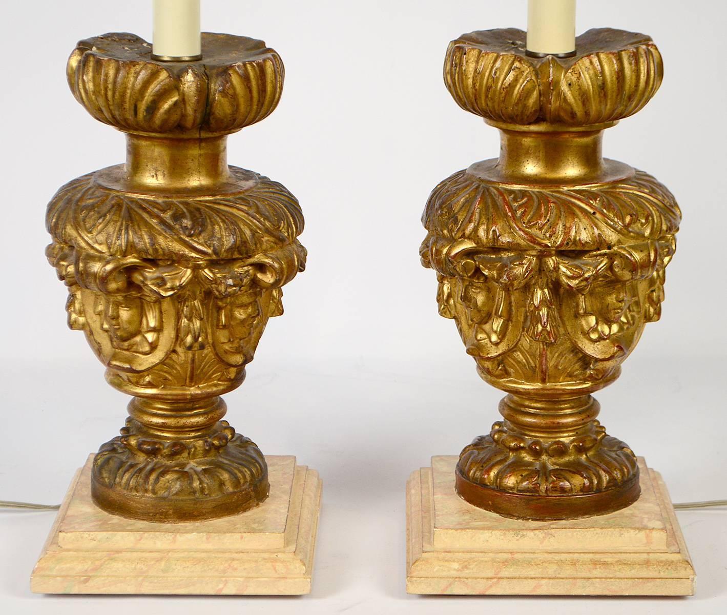 Pair of 18th-19th Century Carved Italian Giltwood Lamps In Good Condition In Ft. Lauderdale, FL