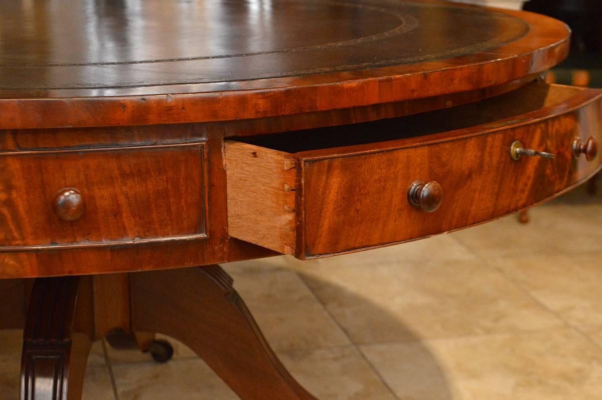 English 19th Century Mahogany Leather Top Rent Table with 4 Drawers & 4 Faux Drawers