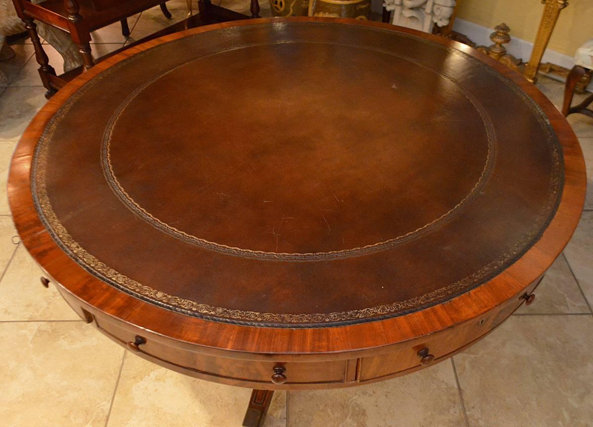 19th Century Mahogany Leather Top Rent Table with 4 Drawers & 4 Faux Drawers 1