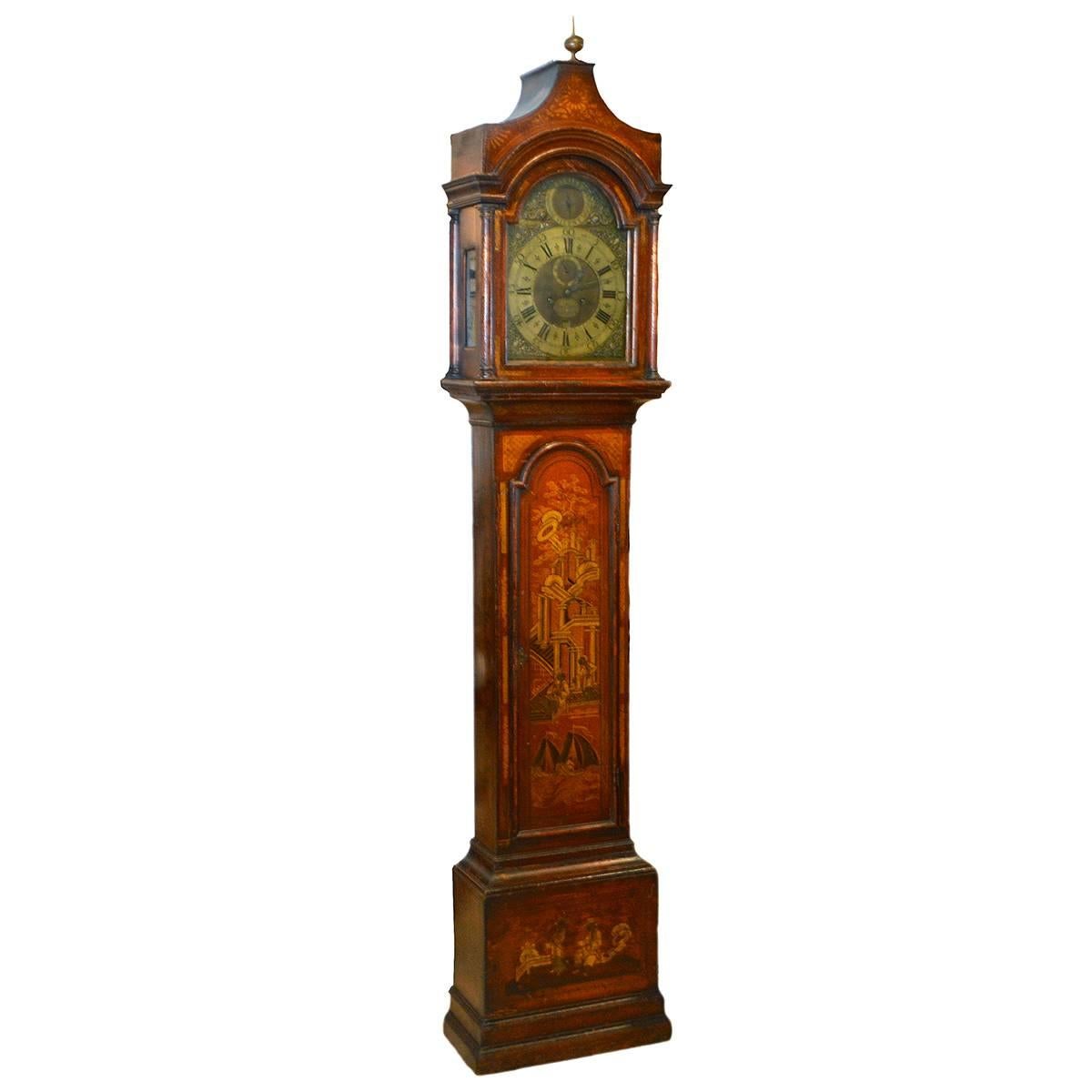 Wonderful English 18th-19th Century Red Chinoiserie Grandfather Clock For Sale