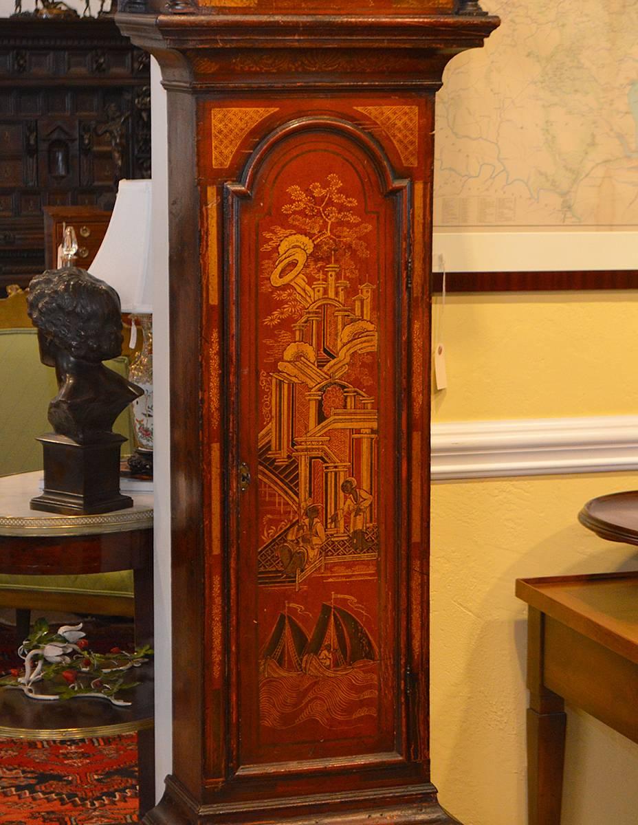 Inlay Wonderful English 18th-19th Century Red Chinoiserie Grandfather Clock For Sale