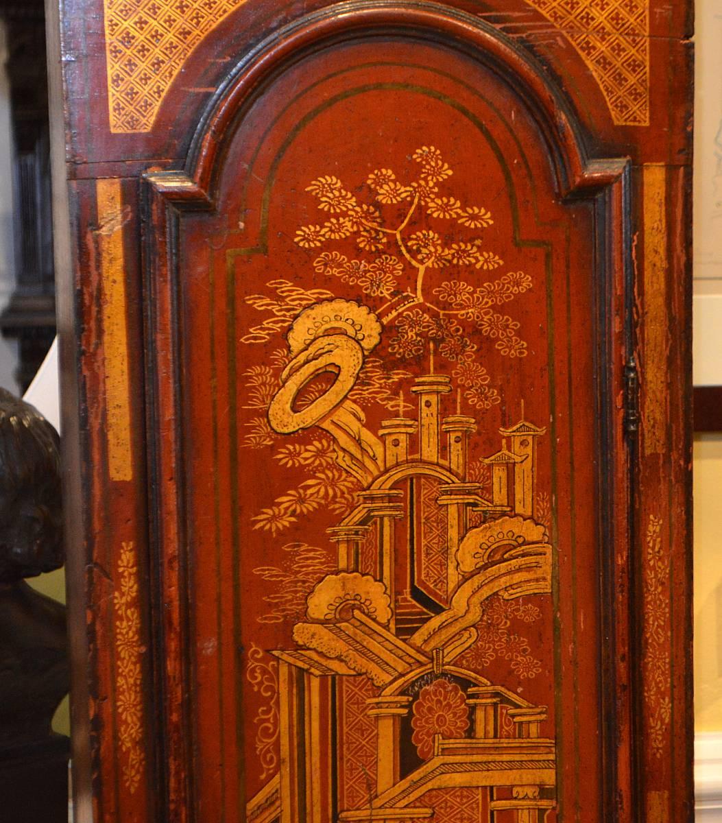 Wonderful English 18th-19th Century Red Chinoiserie Grandfather Clock In Good Condition For Sale In Ft. Lauderdale, FL