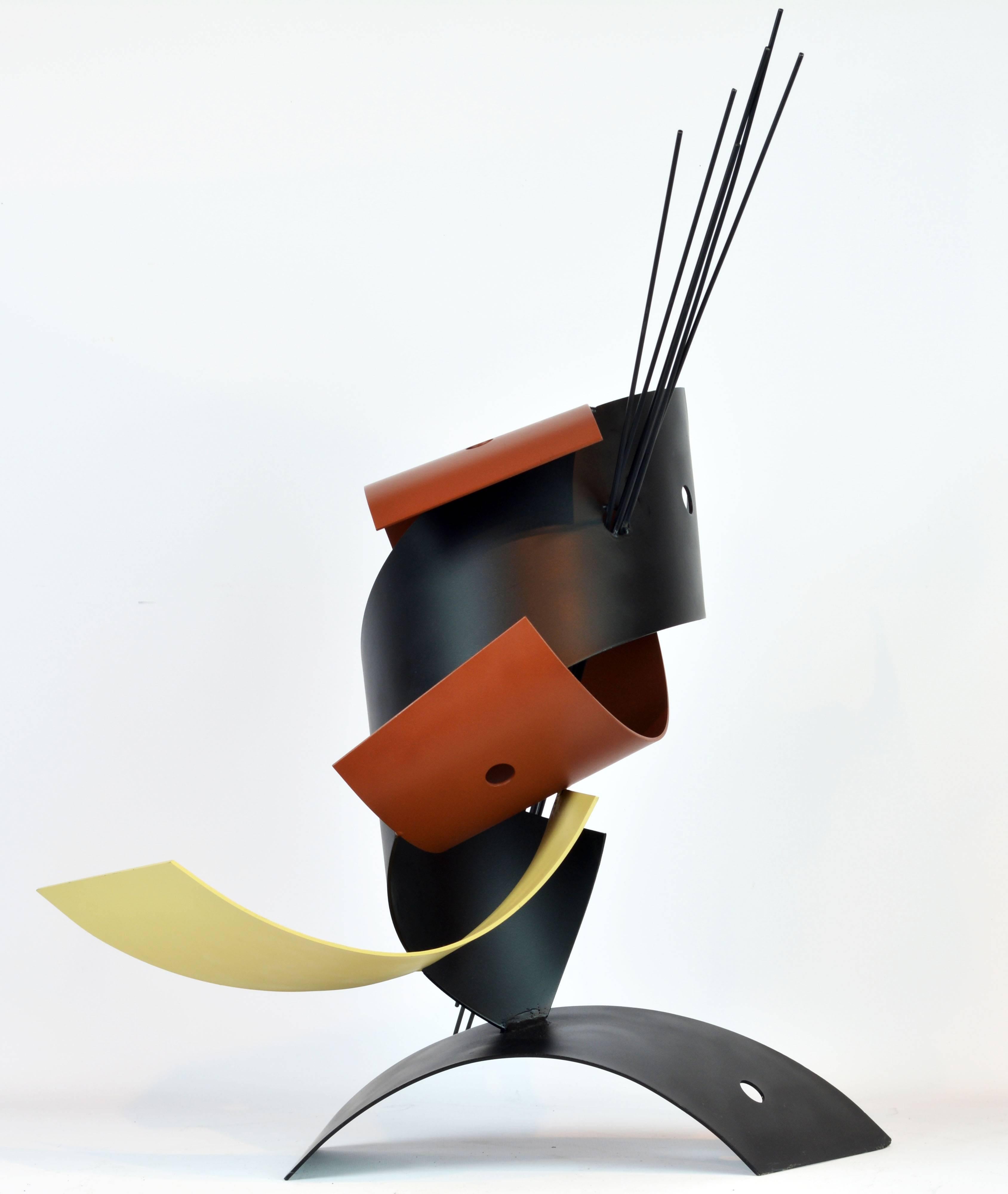 Standing 28 inches tall this sculpture combines curved elements of lacquered steel with a group of steel rods into a composition of great sophistication that changes every time the viewer moves. 

Curtis Jere is a compound nom-de-plume of artists