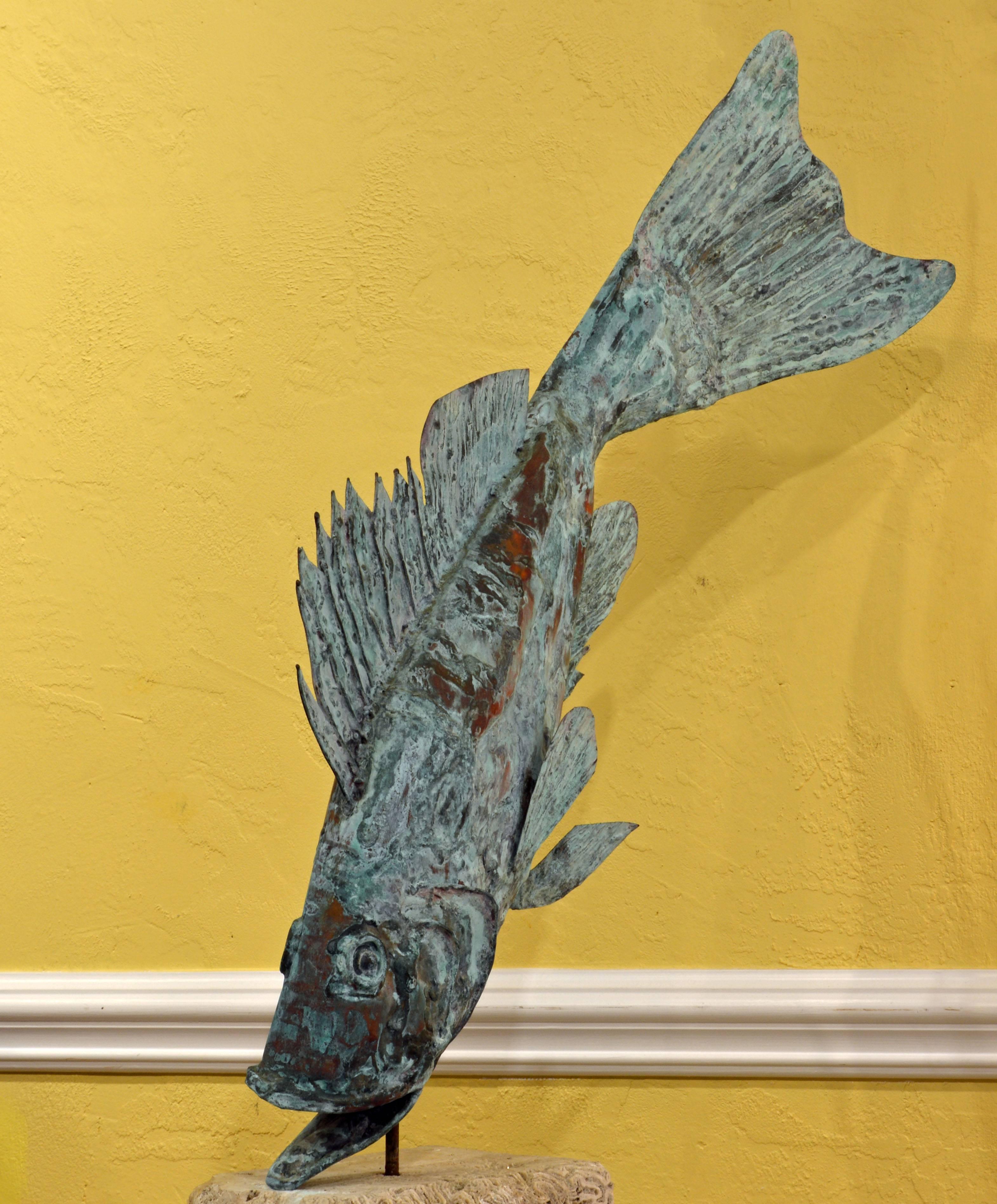 Modern Large Verdigris Copper Sculpture of a Fish Mounted on a Real Coral Rock Pedestal