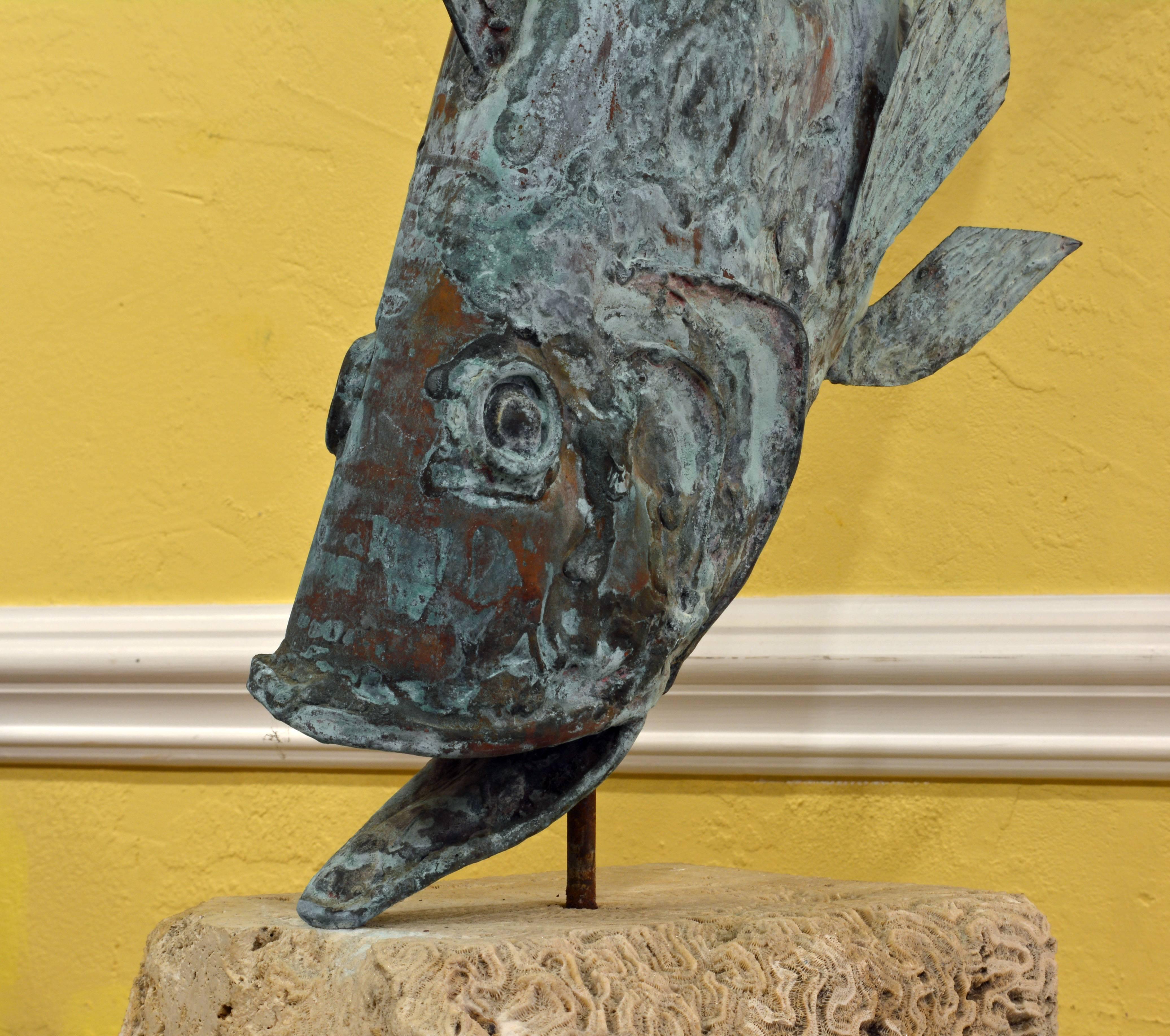 American Large Verdigris Copper Sculpture of a Fish Mounted on a Real Coral Rock Pedestal