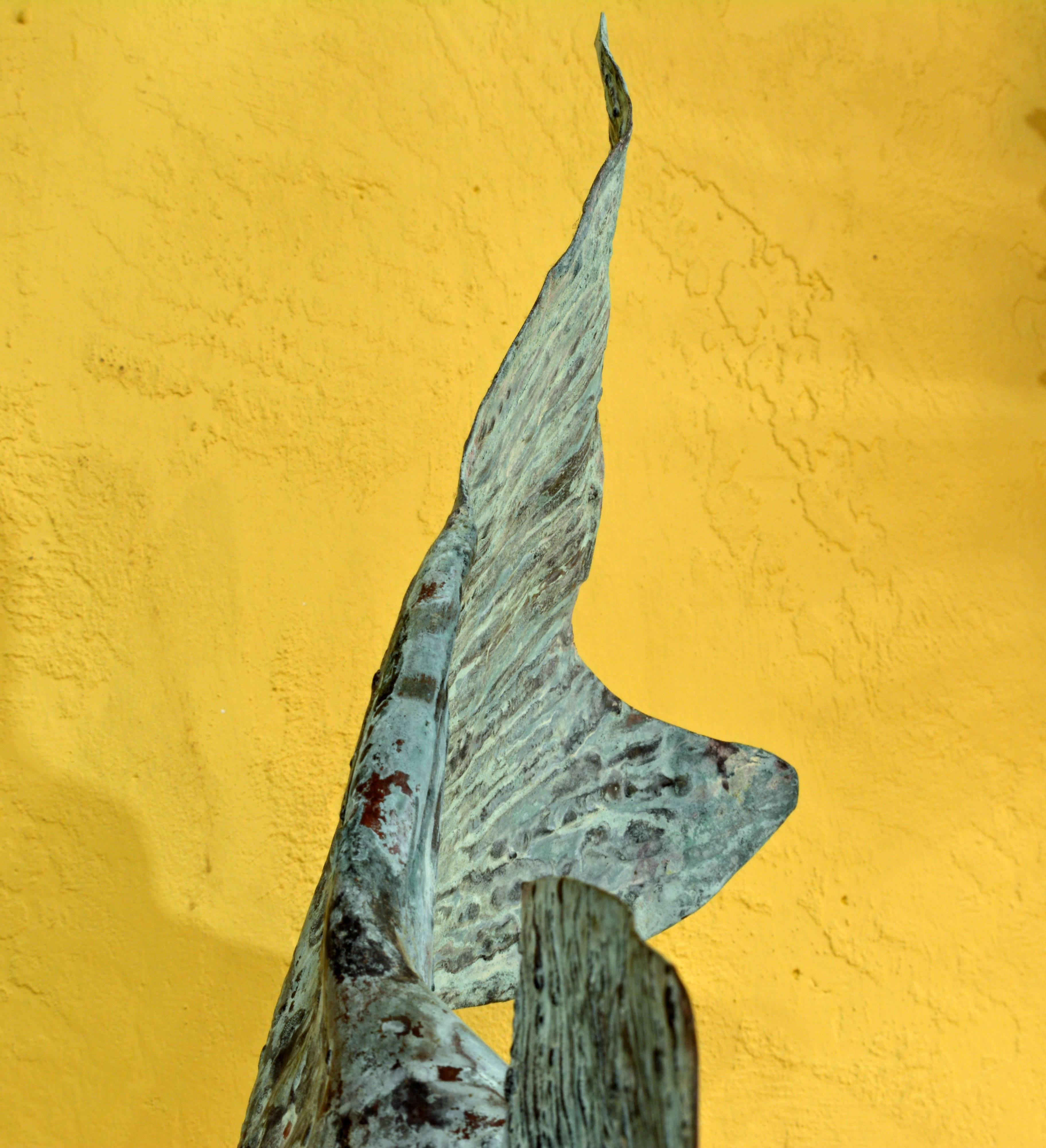 20th Century Large Verdigris Copper Sculpture of a Fish Mounted on a Real Coral Rock Pedestal