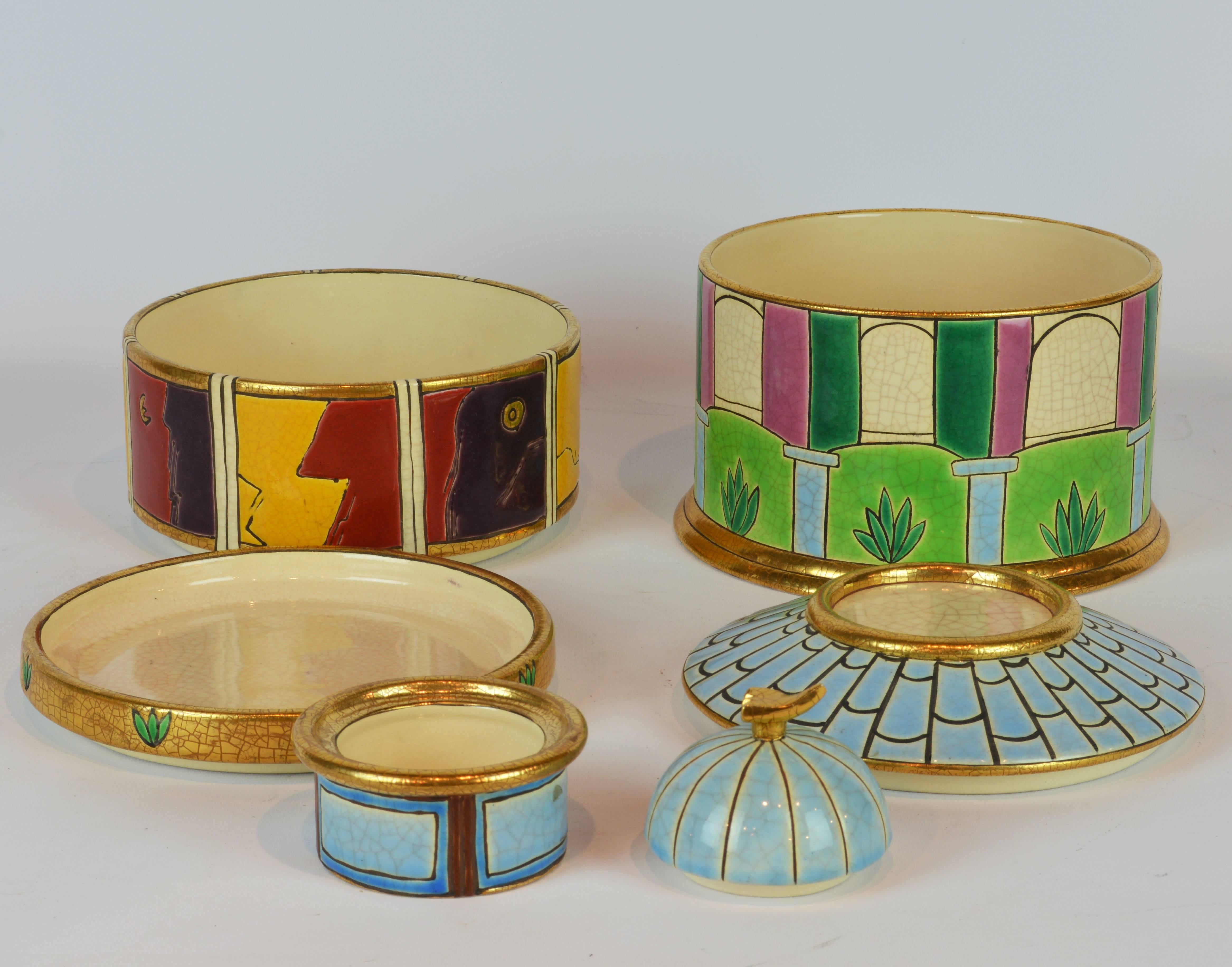 Enameled Pierre Casenove for Emaux de Longwy, Postmodern Tower of Covered Jars and Dishes