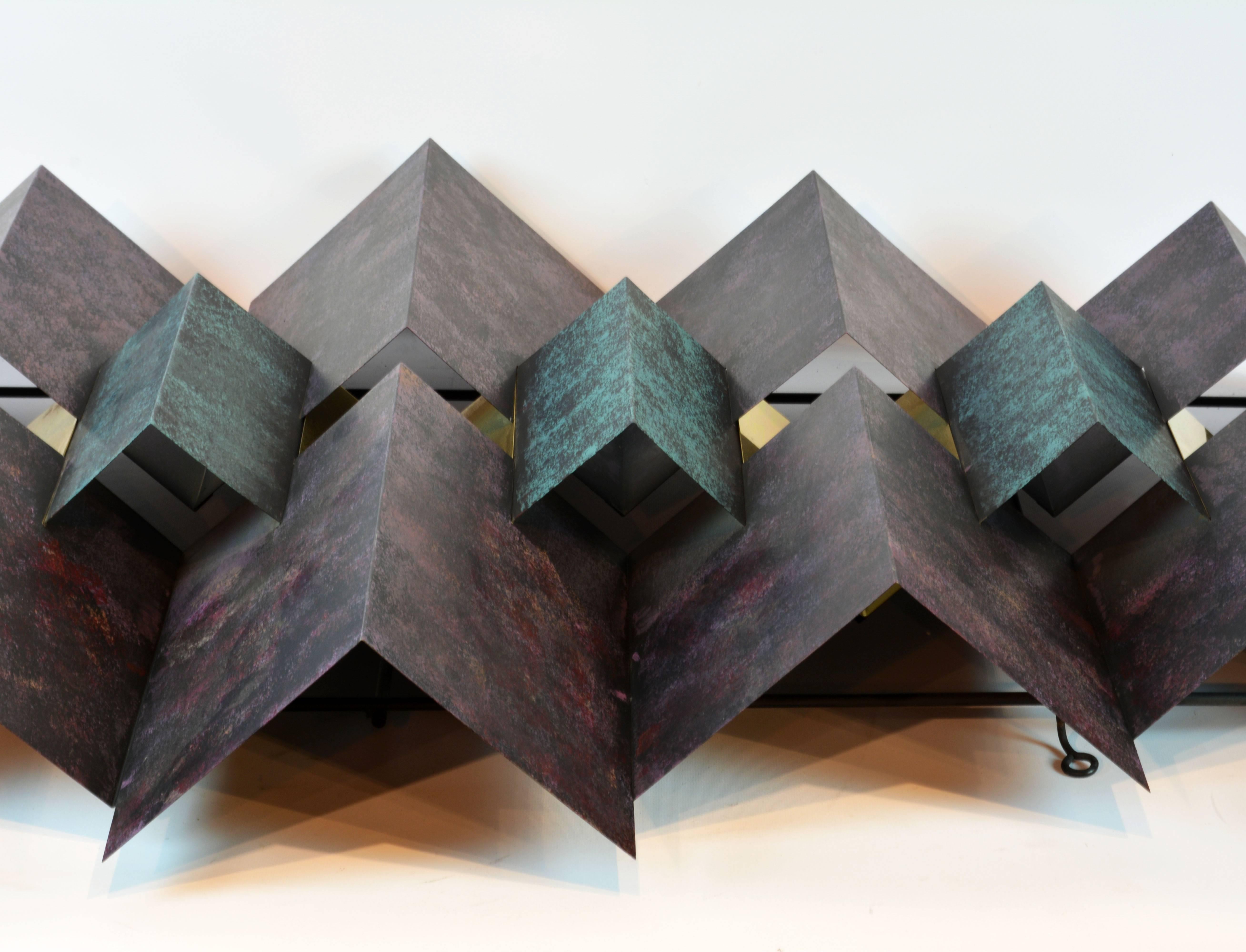 Cubist Style Sophisticated Metal and Brass Wall Sculpture Signed by Curtis Jere 2