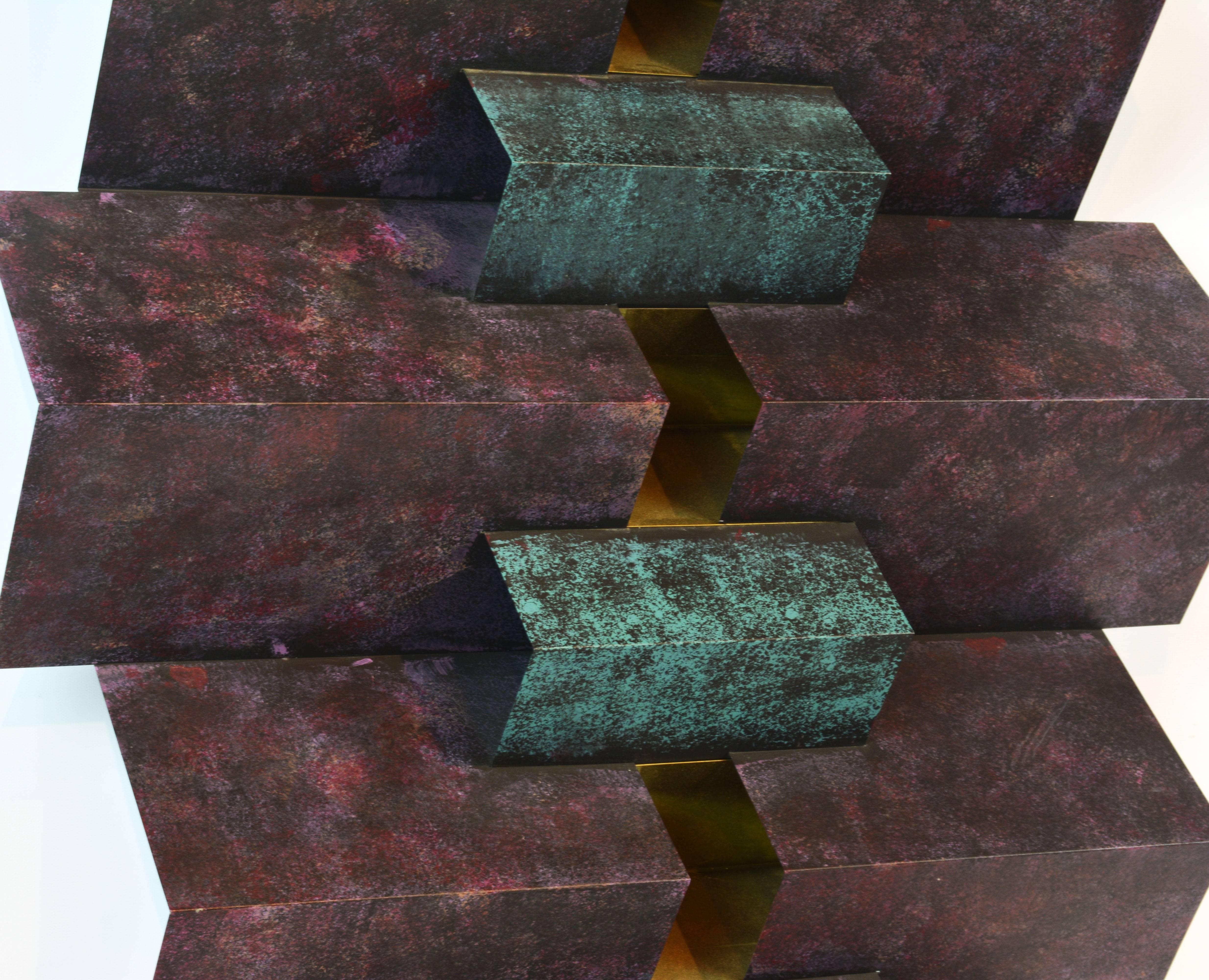 American Cubist Style Sophisticated Metal and Brass Wall Sculpture Signed by Curtis Jere