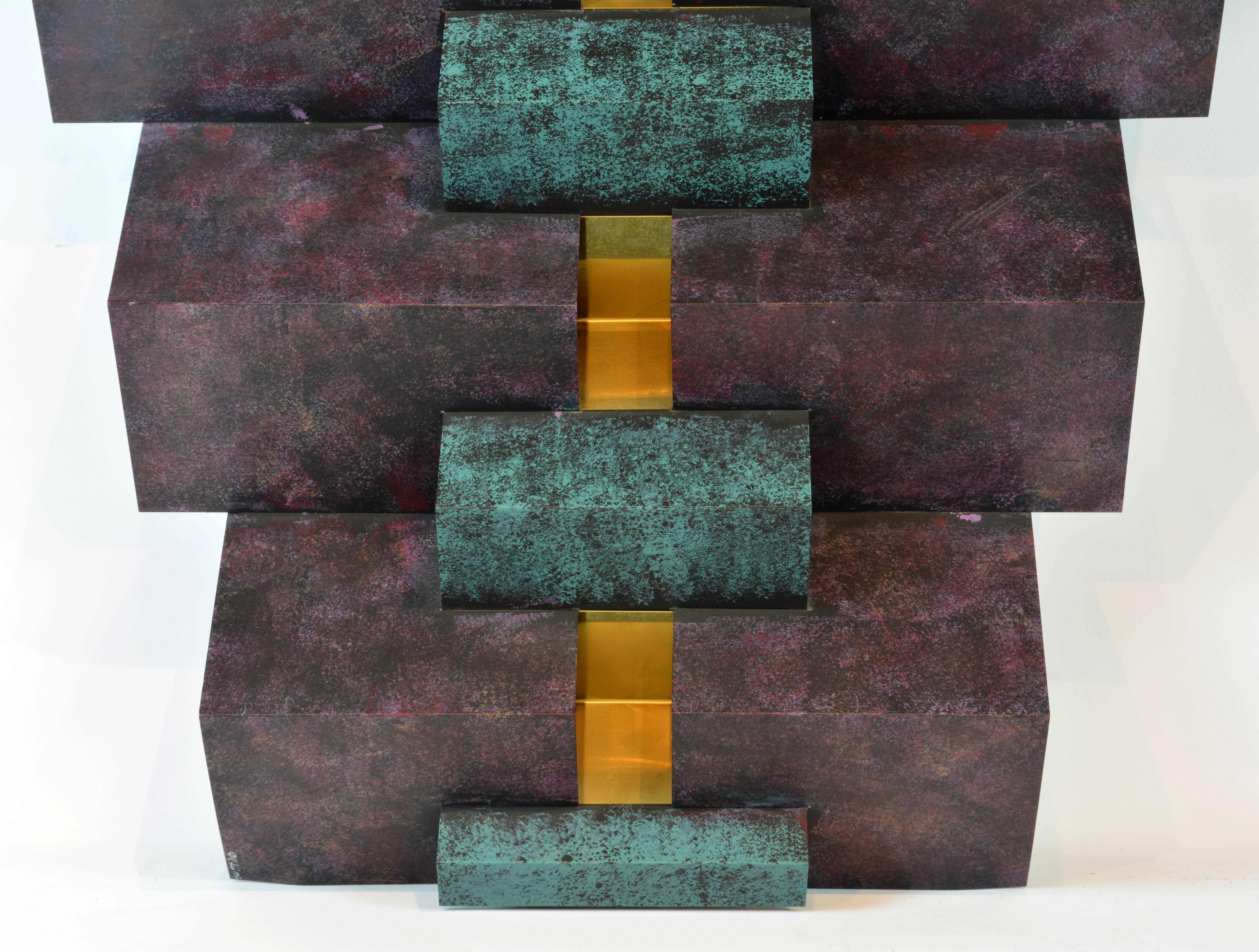 Cubist Style Sophisticated Metal and Brass Wall Sculpture Signed by Curtis Jere In Good Condition In Ft. Lauderdale, FL
