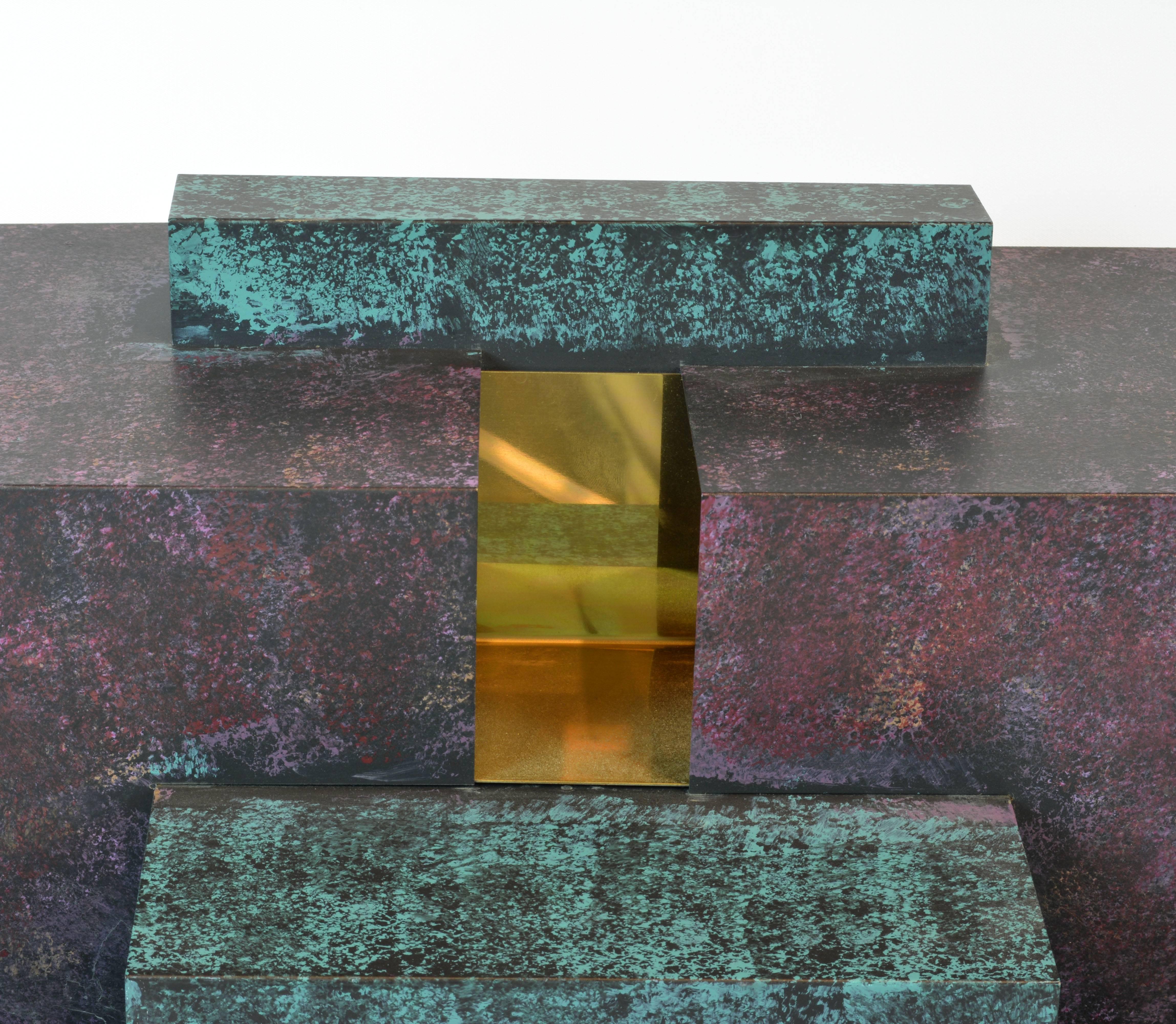 Cubist Style Sophisticated Metal and Brass Wall Sculpture Signed by Curtis Jere 1