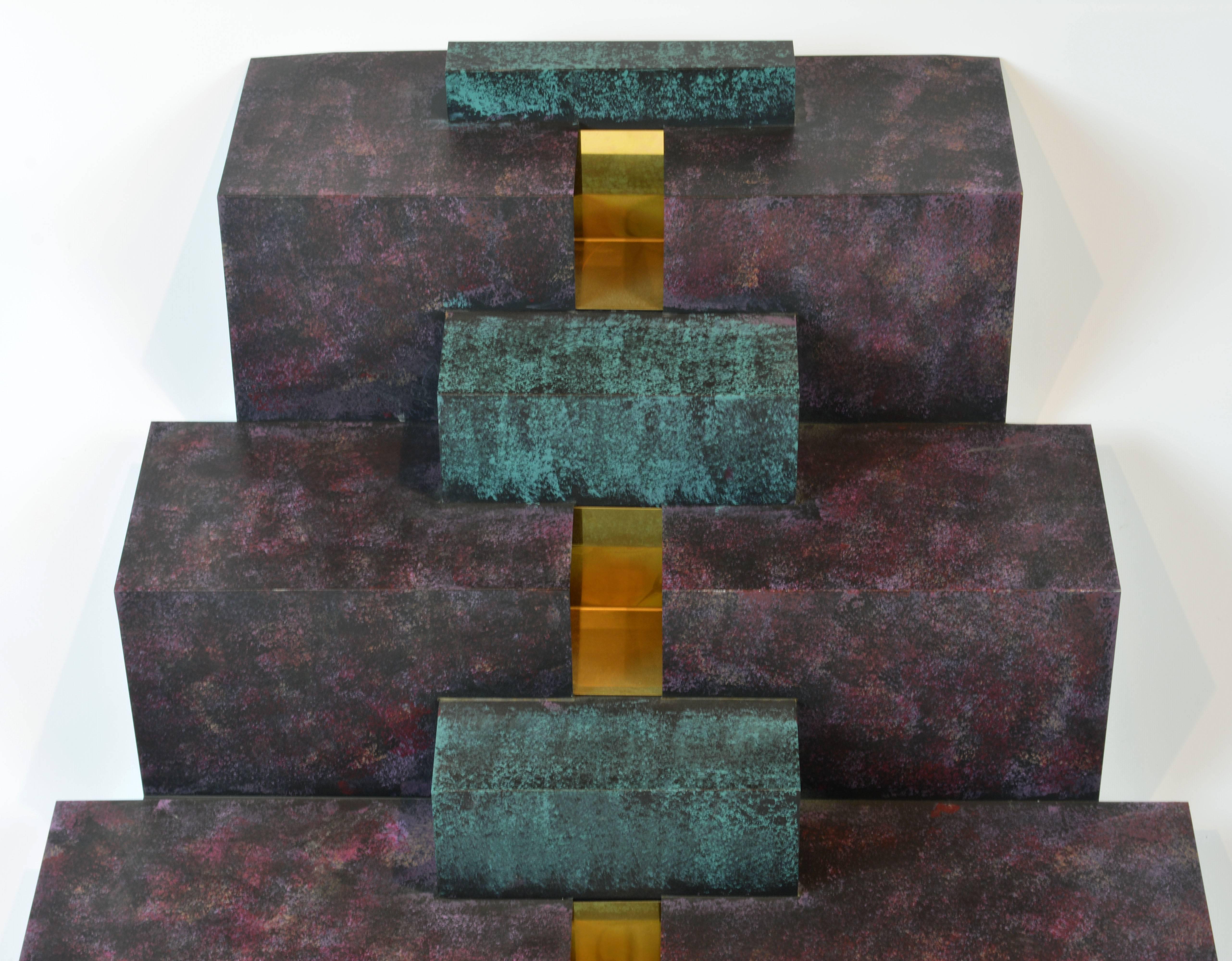 Painted Cubist Style Sophisticated Metal and Brass Wall Sculpture Signed by Curtis Jere