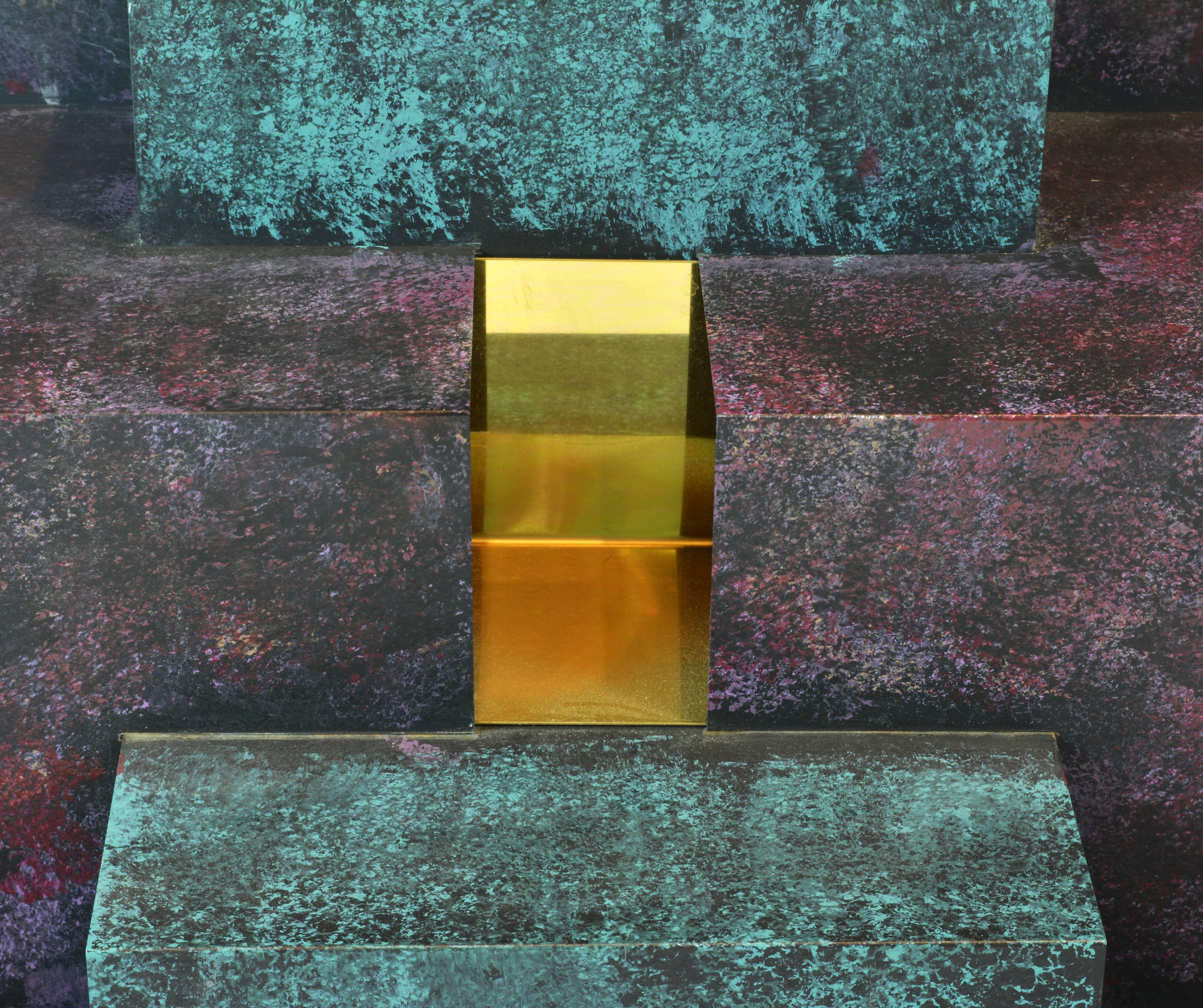 Brutalist Cubist Style Sophisticated Metal and Brass Wall Sculpture Signed by Curtis Jere