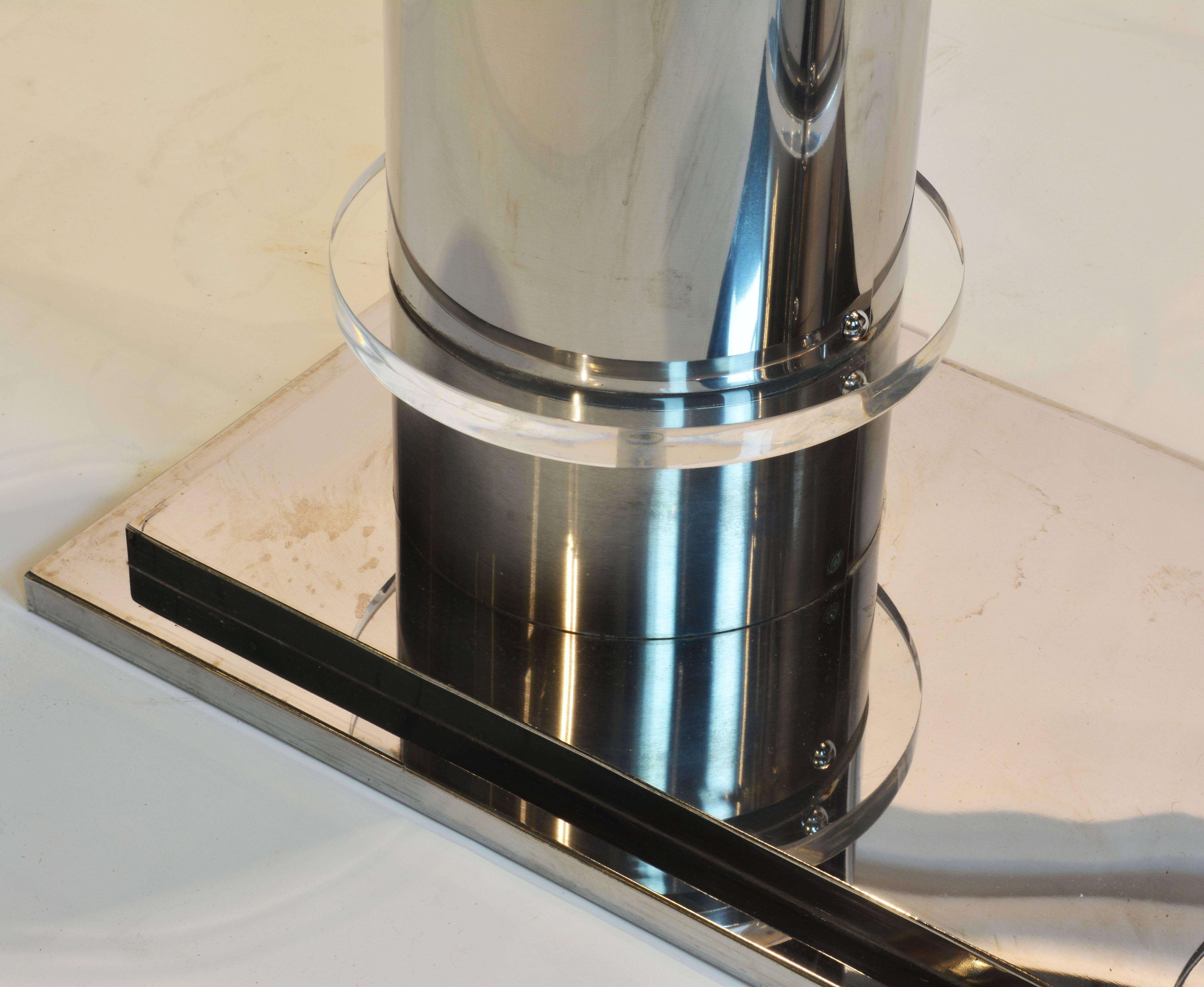 Modern Design Twin Column Chrome, Aluminium and Lucite Glass Top Console Table In Good Condition In Ft. Lauderdale, FL