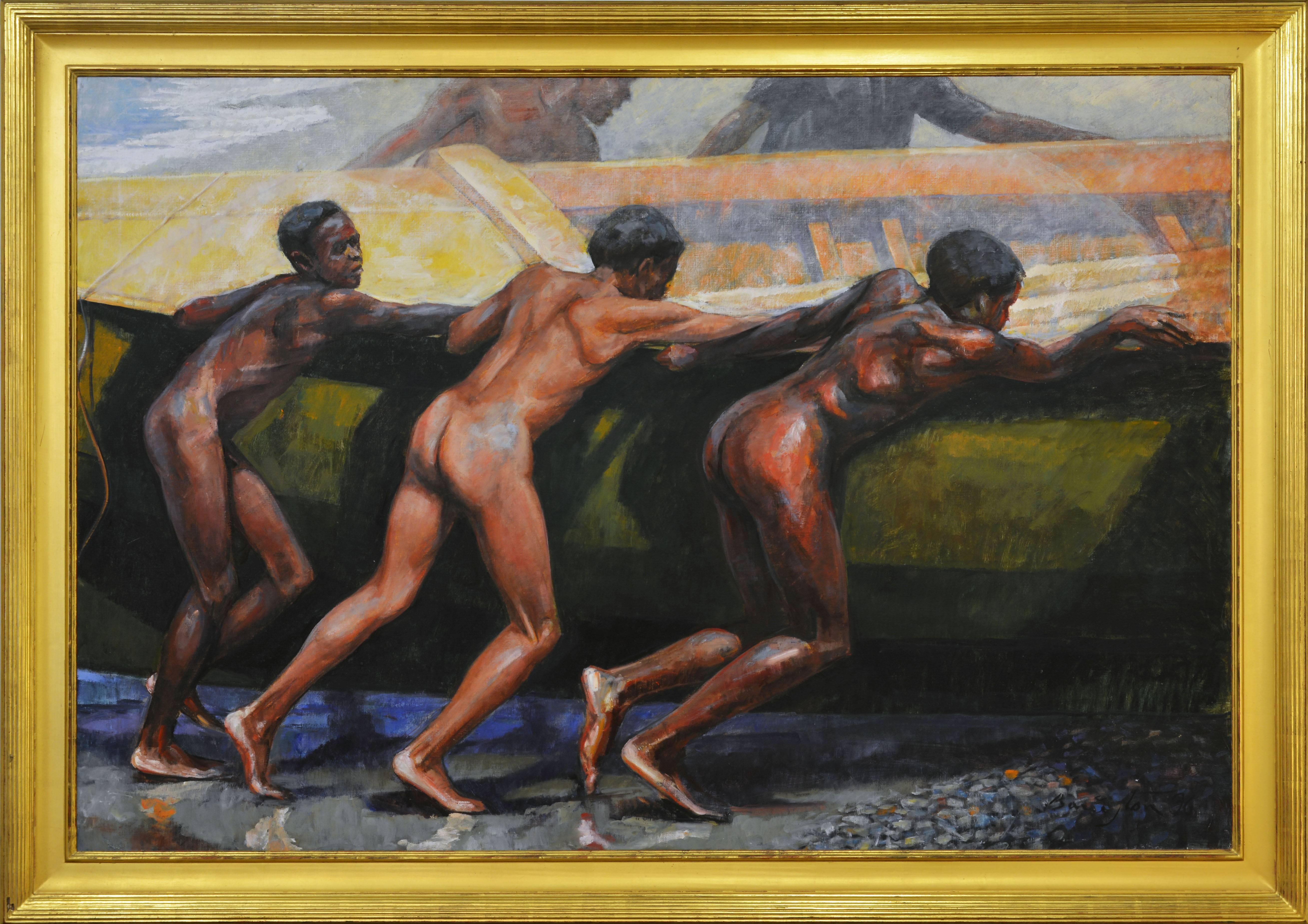 'Launching the Boat'
Oil on canvas by Barrington Watson, Jamaica 1931-2016
Measure: 48 x 72 in. without frame, 56.5 x 80.5 in. including frame
Signed and dated lower right corner
Housed in a Classic style gilt frame.

From the National Gallery