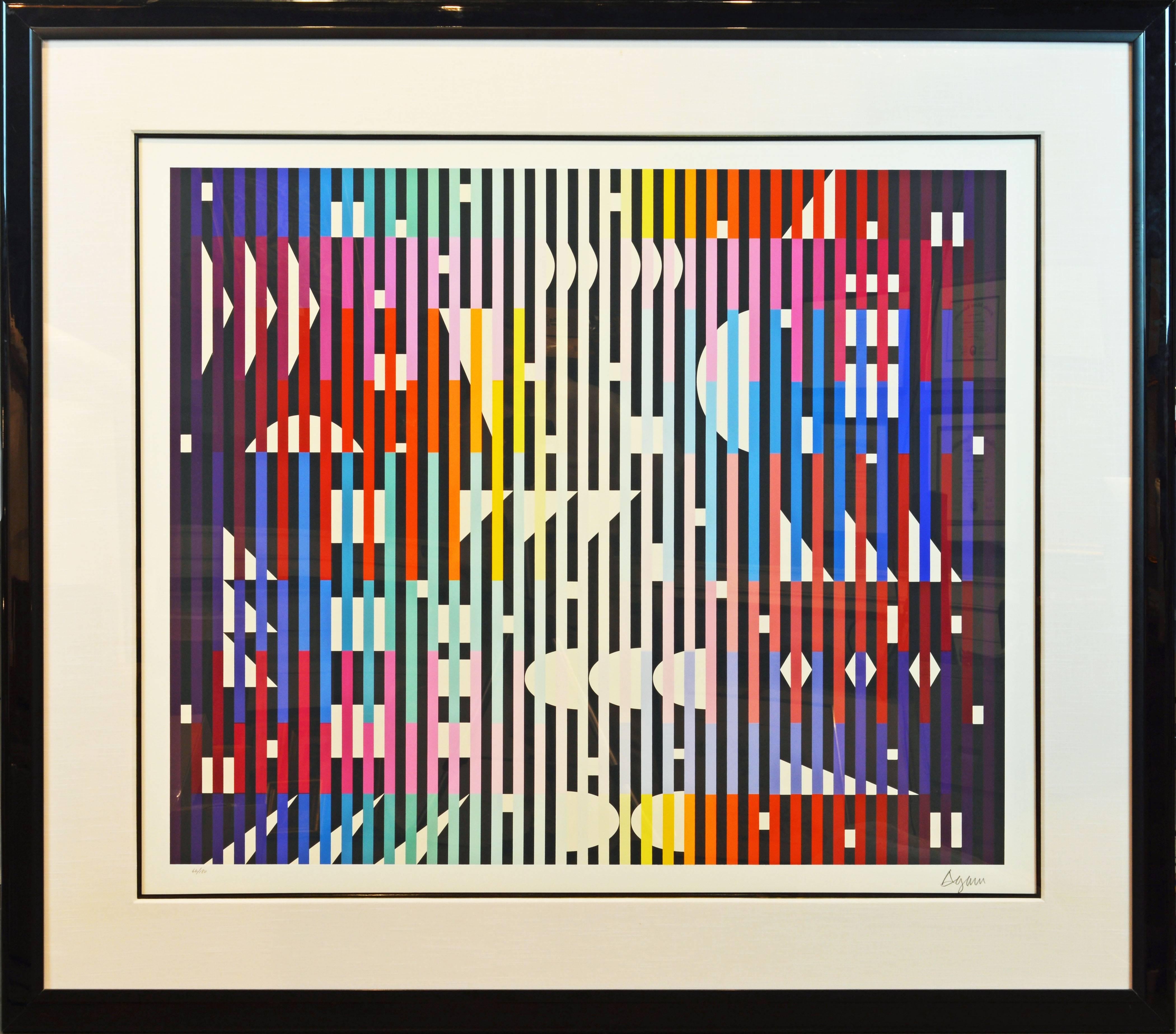 Well framed with wide matting this very large serigraph is signed and numbered in pencil by Yaacov Agam, Israeli, b. 1928, Rishon LeZion, Israel, based in Paris, France. Size including frame: 52 x 59 in. Image size: 35 in x 42 in.