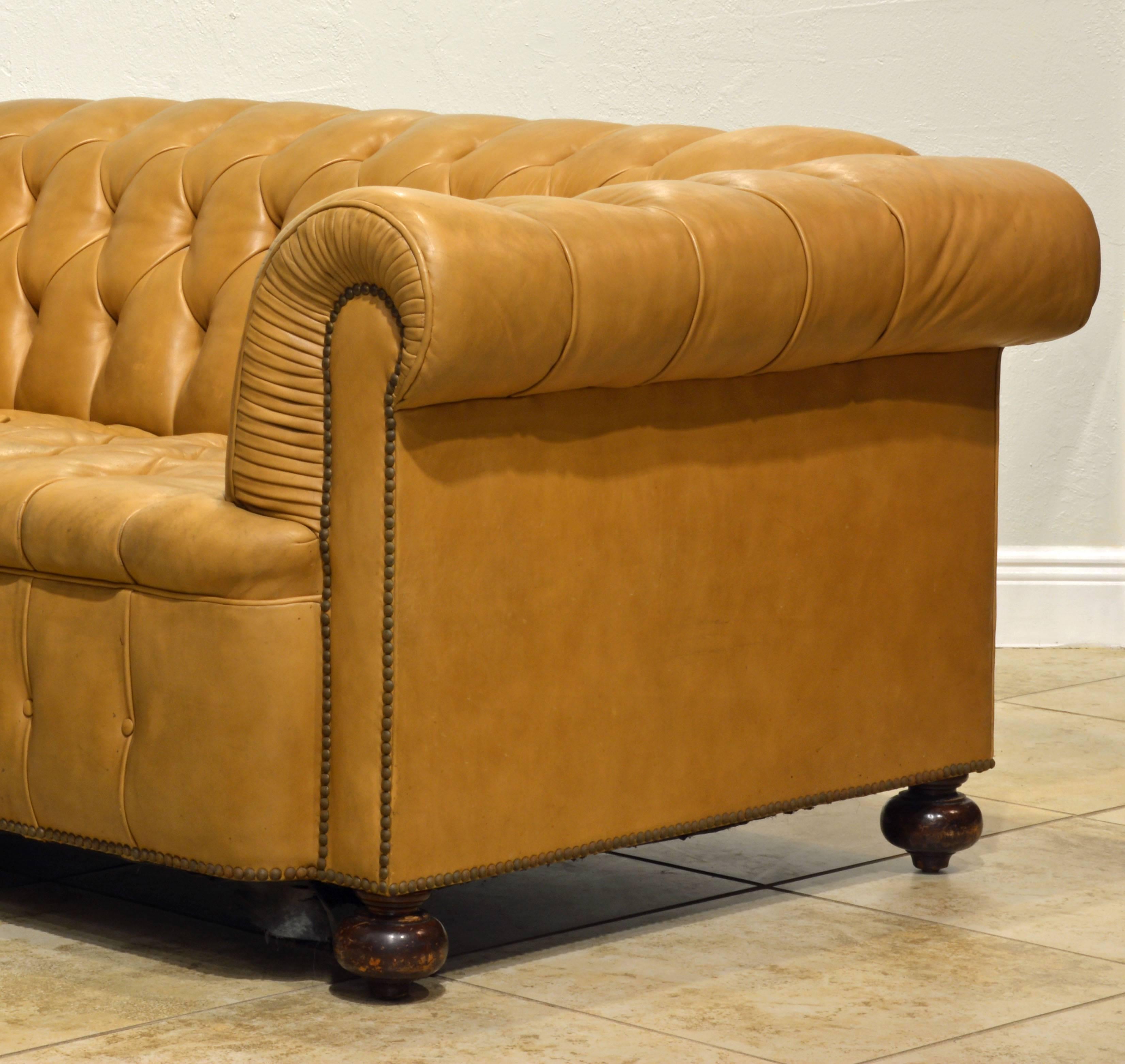 20th Century Pair of Vintage Leather Chesterfield Sofas with Rolled Arms and Nailhead Trim
