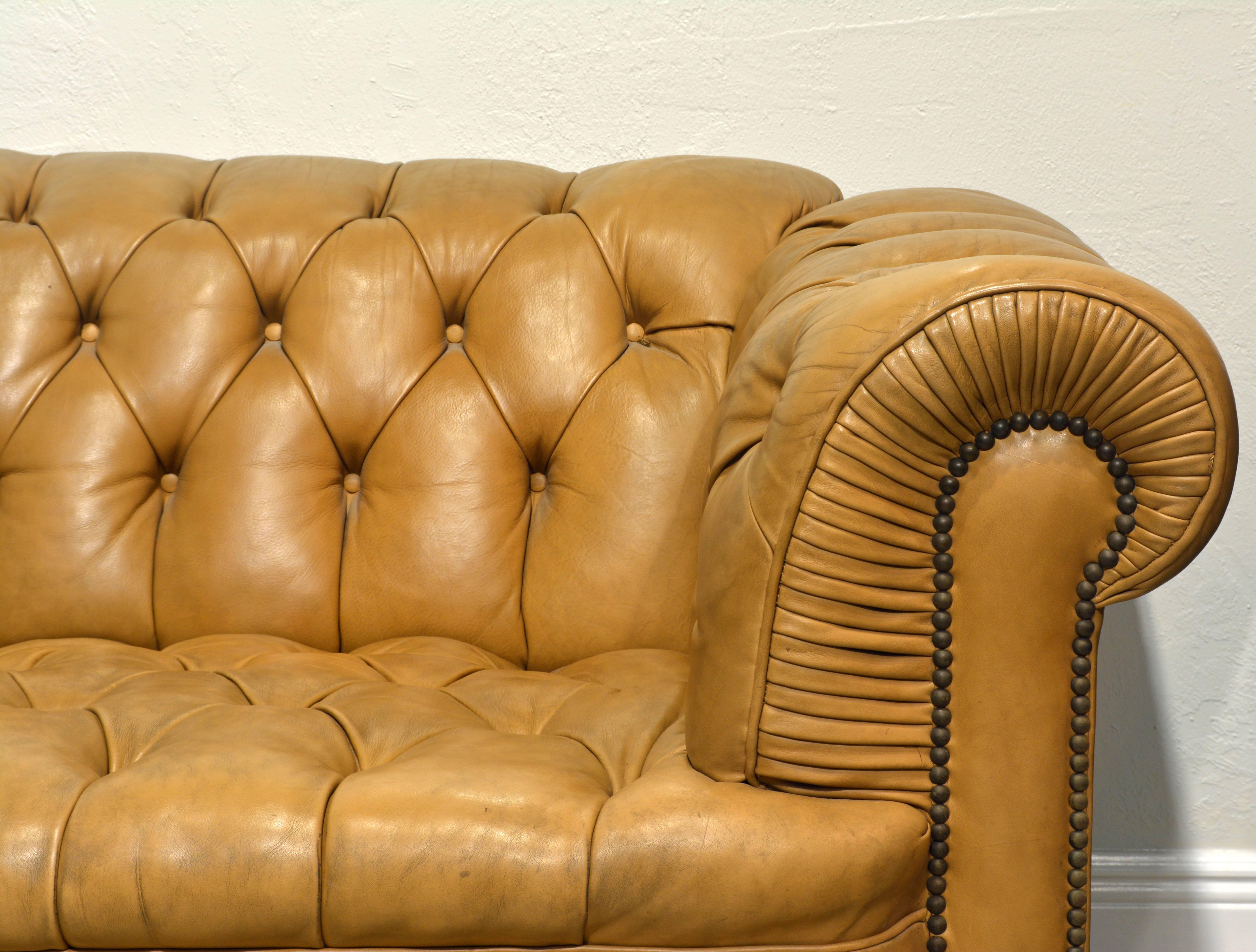 Upholstery Pair of Vintage Leather Chesterfield Sofas with Rolled Arms and Nailhead Trim