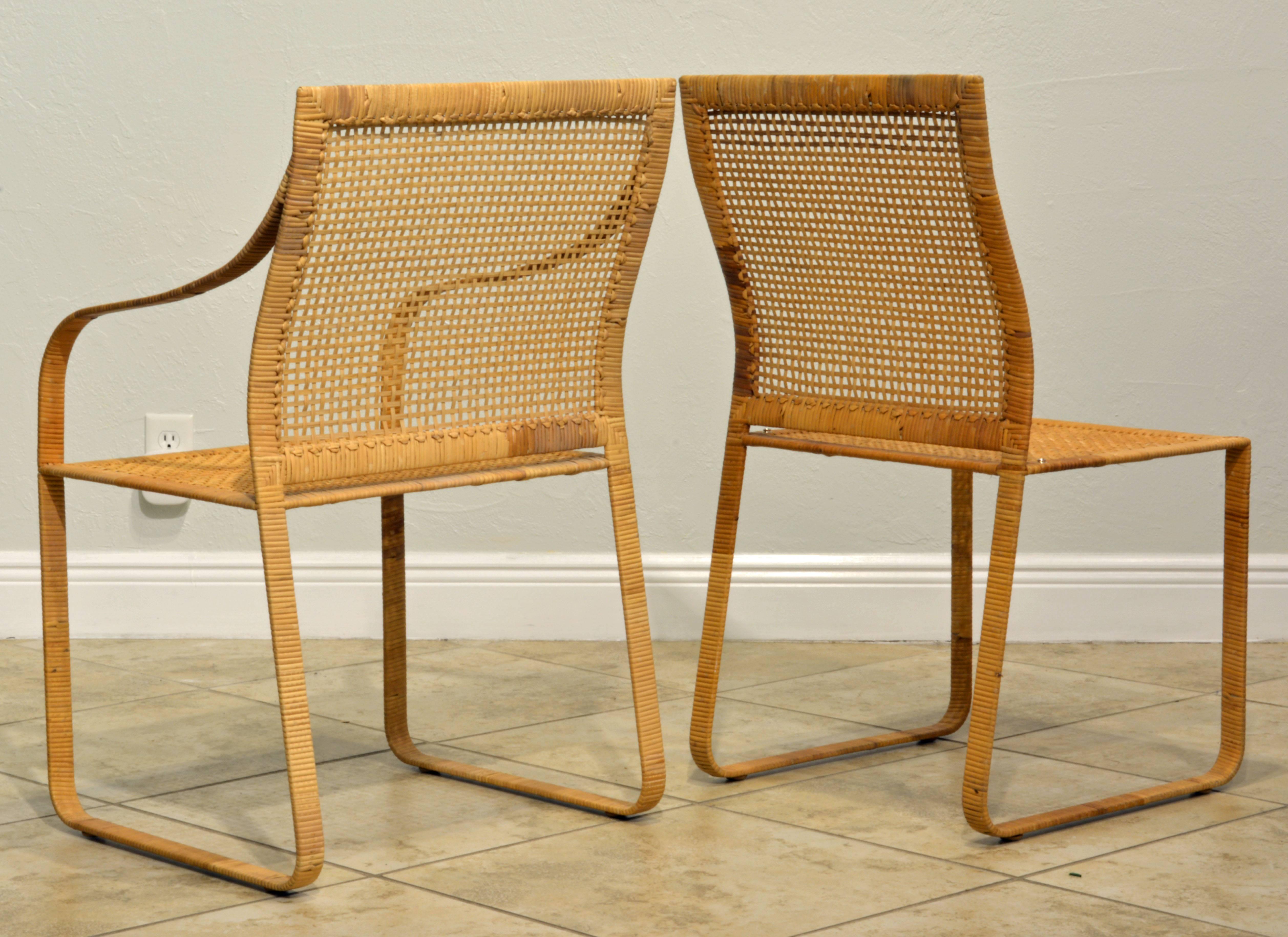 Mid-Century Modern Set of Six Harvey Probber Design Woven Rattan on Steel Dining Chairs