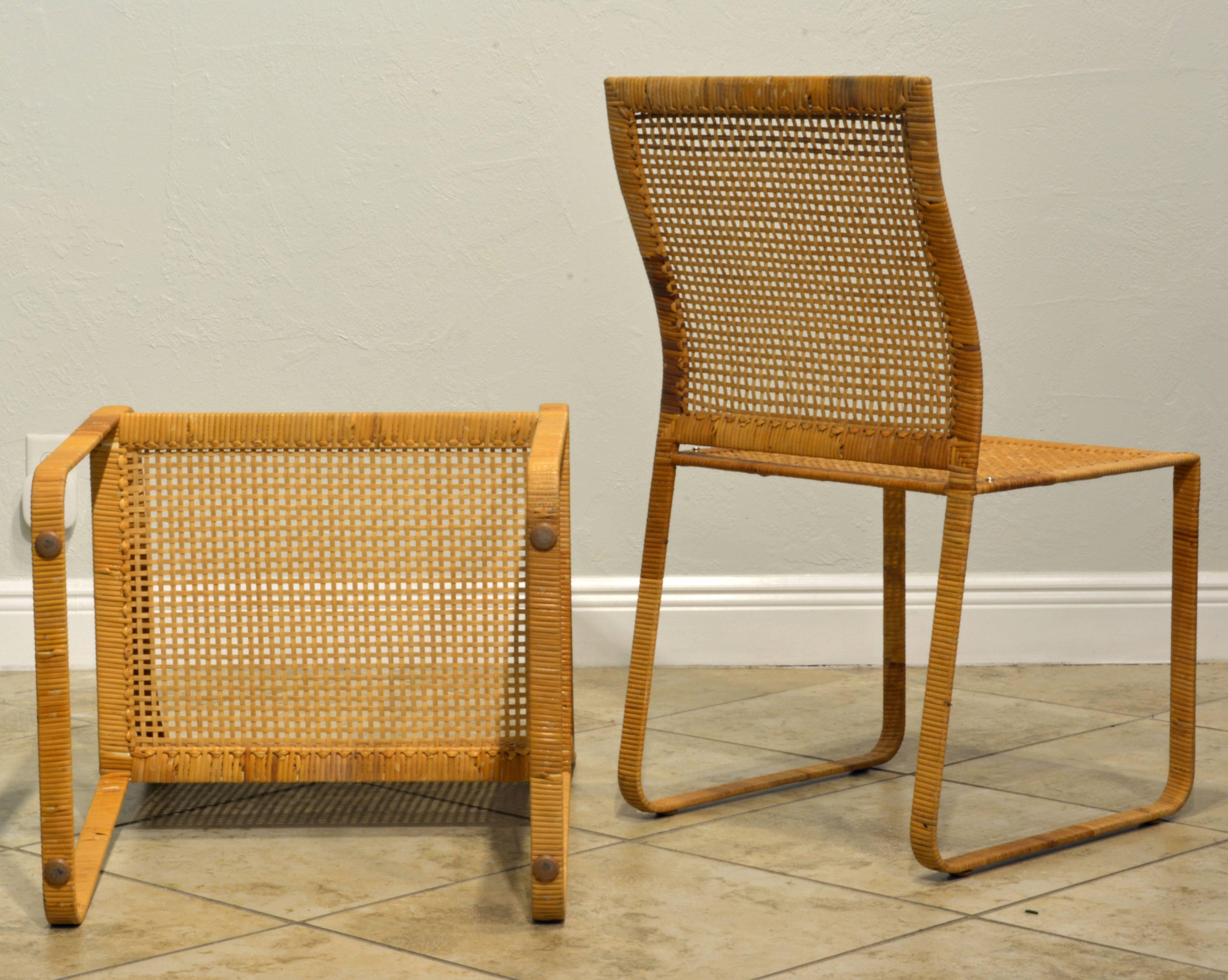 American Set of Six Harvey Probber Design Woven Rattan on Steel Dining Chairs