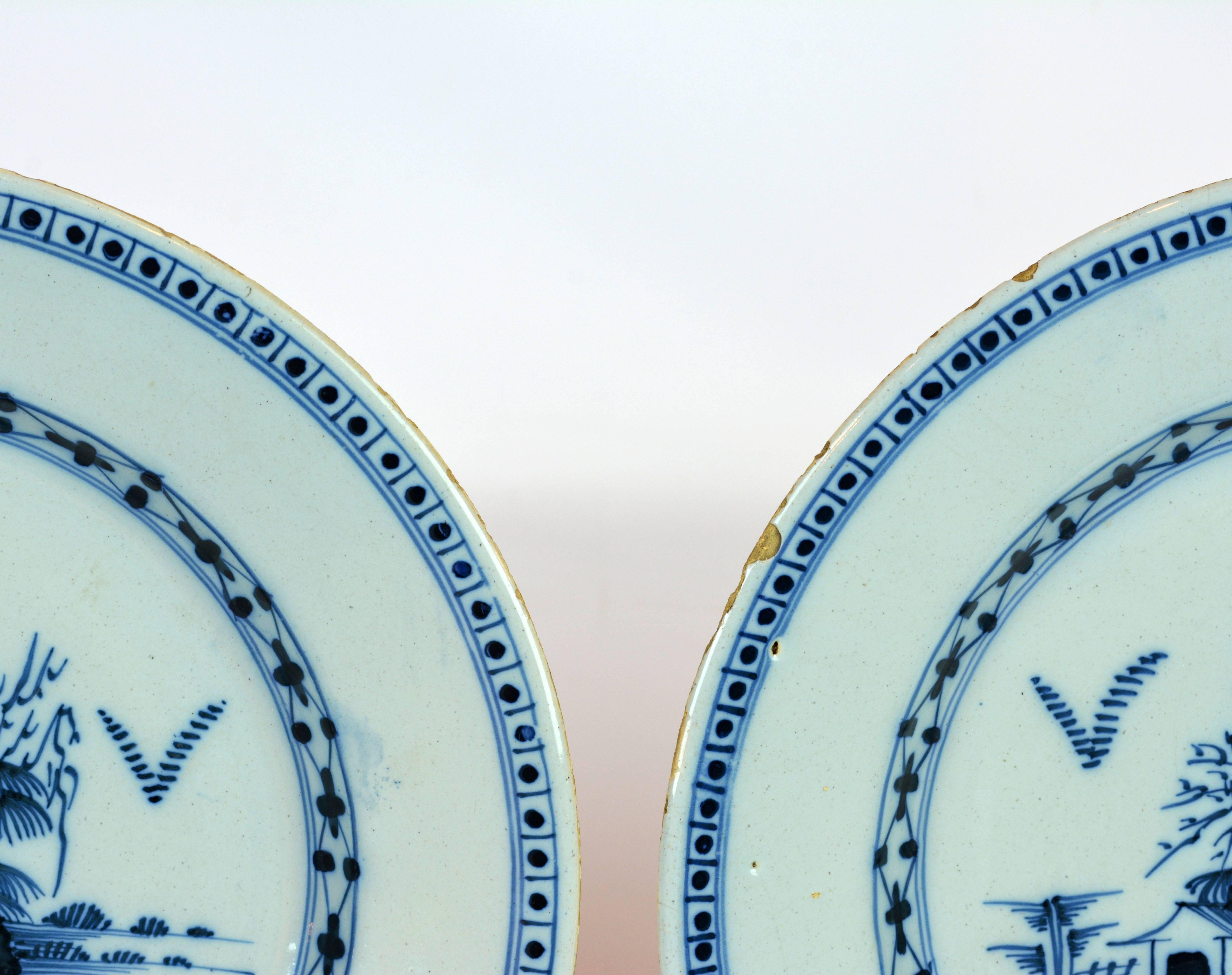 Ceramic Pair of 18th Century English Delft Blue and White Plates in the Chinese Taste