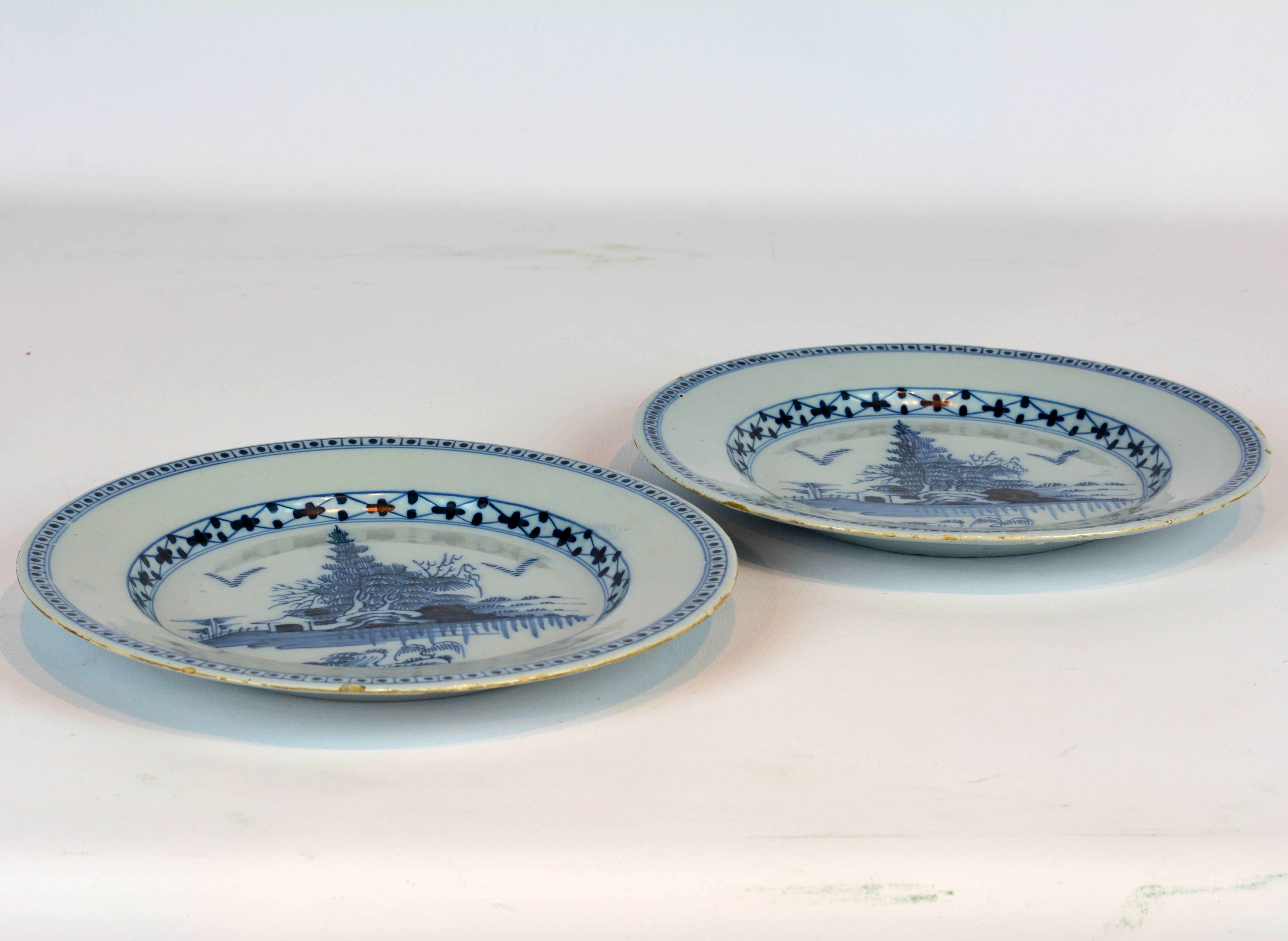 Pair of 18th Century English Delft Blue and White Plates in the Chinese Taste 4