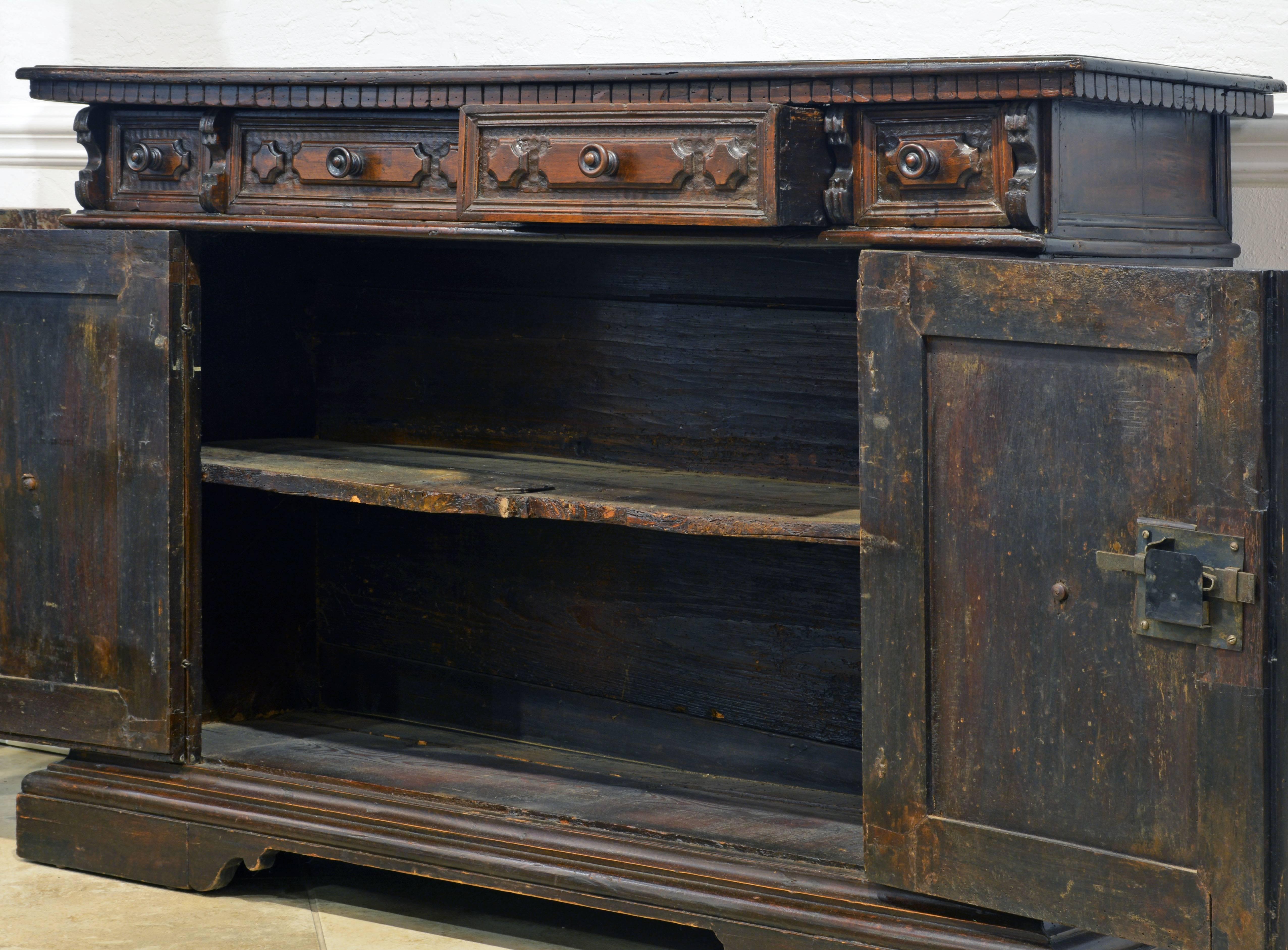 Wood 17th Century Richly Carved Italian Baroque Walnut Credenza or Buffet