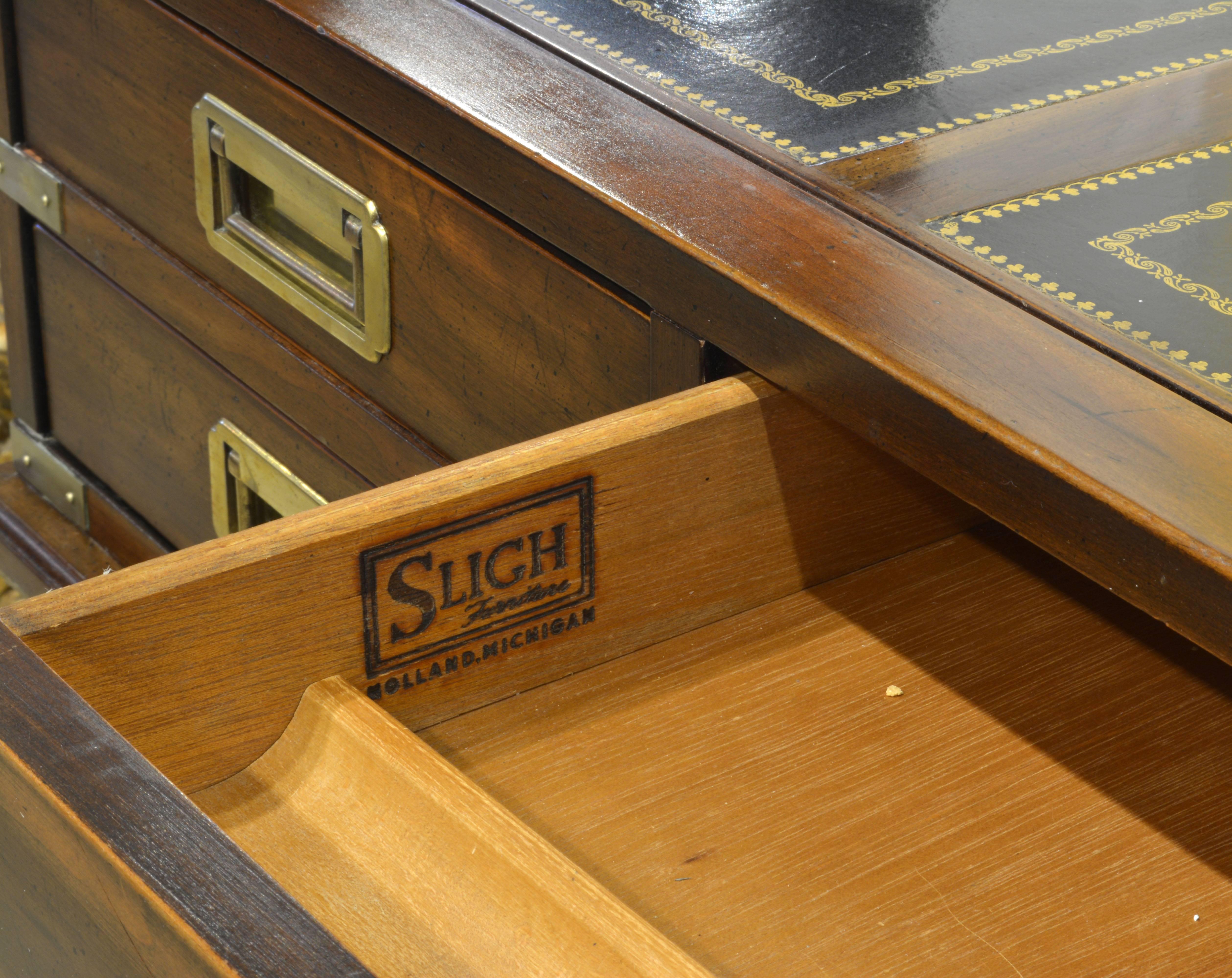 Mahogany and Brass Leather Top Campaign Style Executive Desk by Sligh, Michigan 2